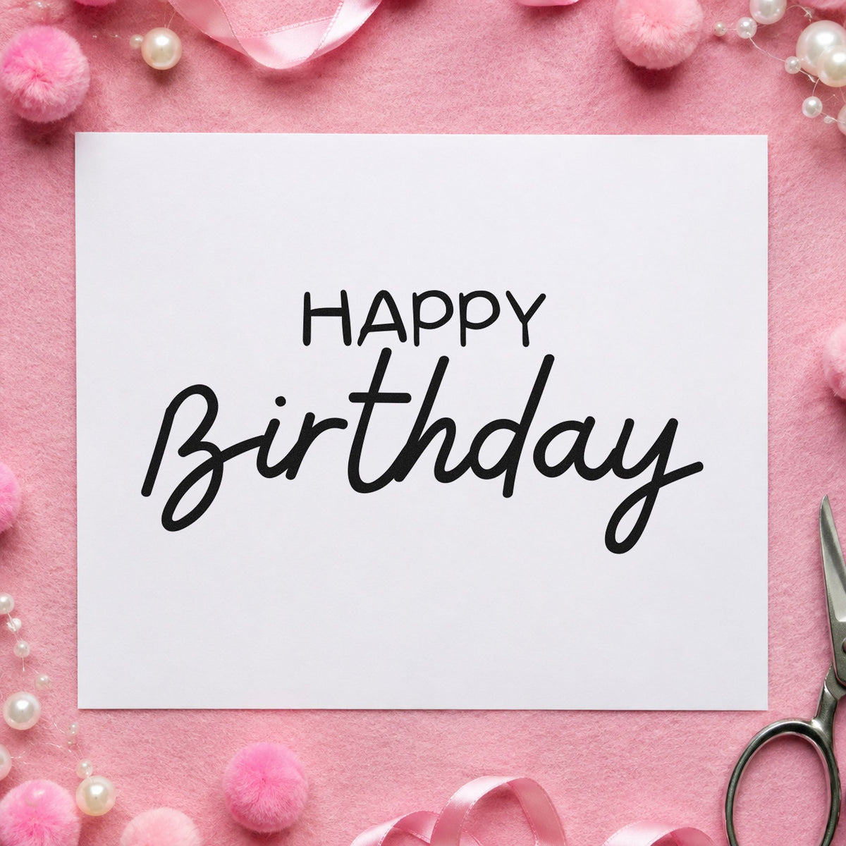 Happy Birthday Casual Script craft stamp in black ink on cardstock, an easy option for café year album page.