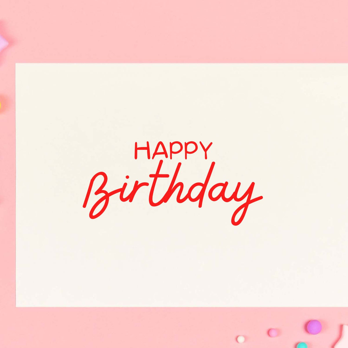Happy Birthday Casual Script rubber stamp shown in red ink, stamped for projects such as café year album page.