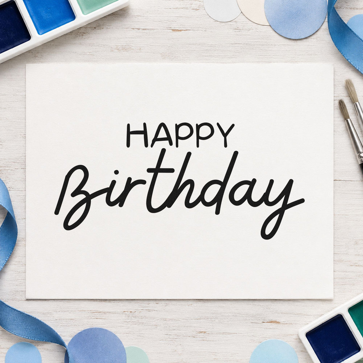 Happy Birthday Casual Script craft stamp imprint in black ink on a handmade project, one idea being free slice gift tags.