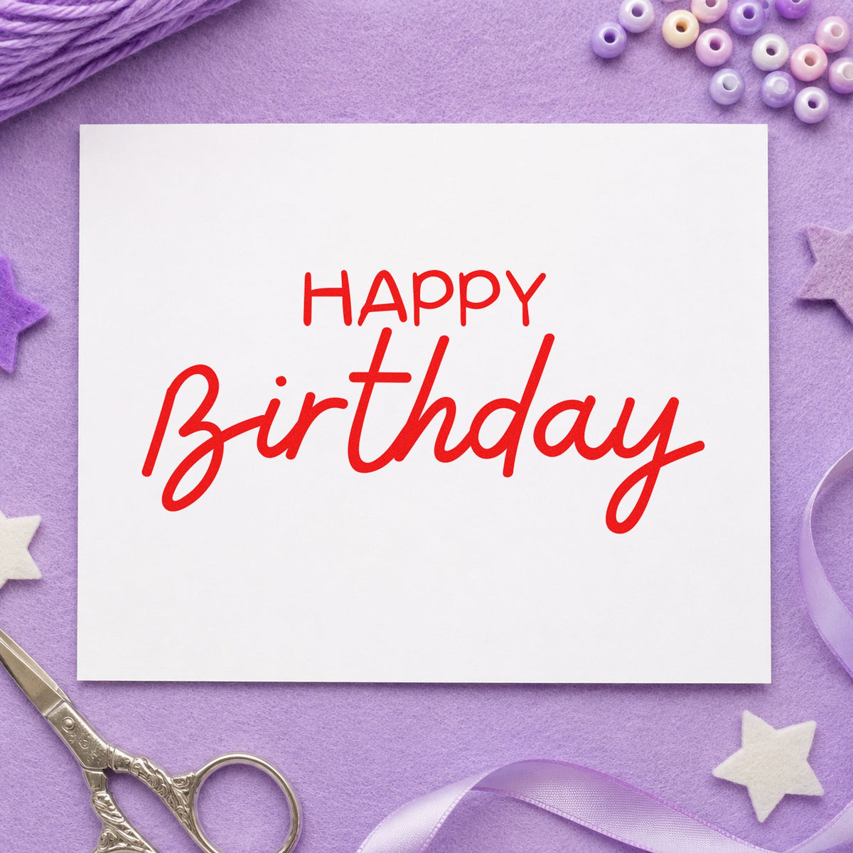 Happy Birthday Casual Script rubber stamp shown in red ink, stamped for projects such as bin treat labels.