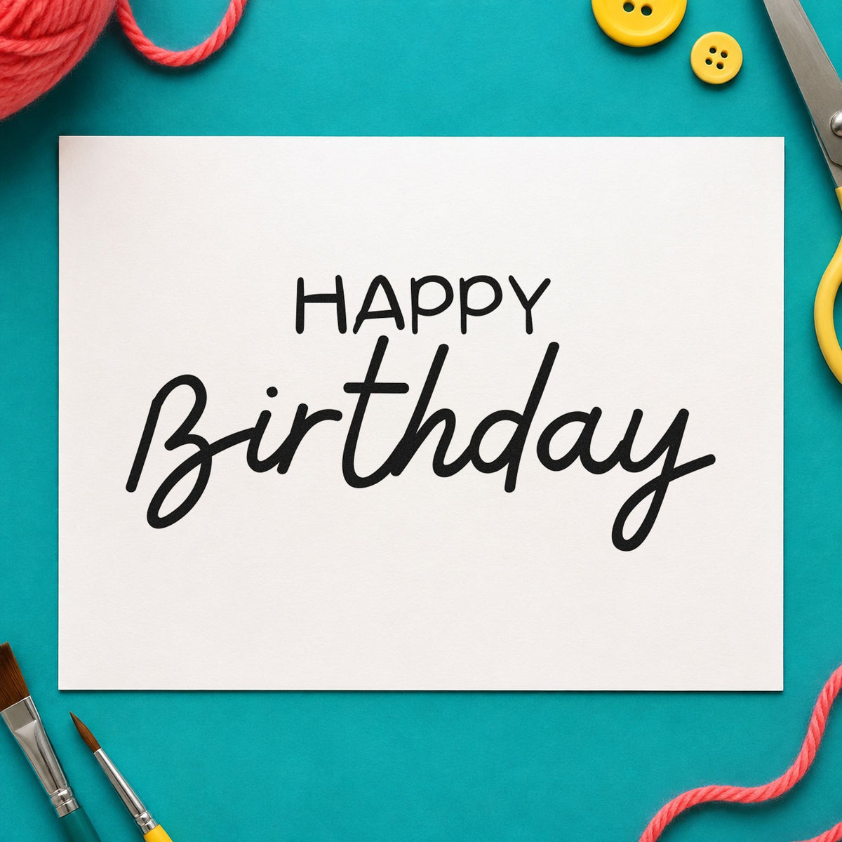 Happy Birthday Casual Script rubber stamp printed in black ink, ready for broad casual cards and similar paper crafts.