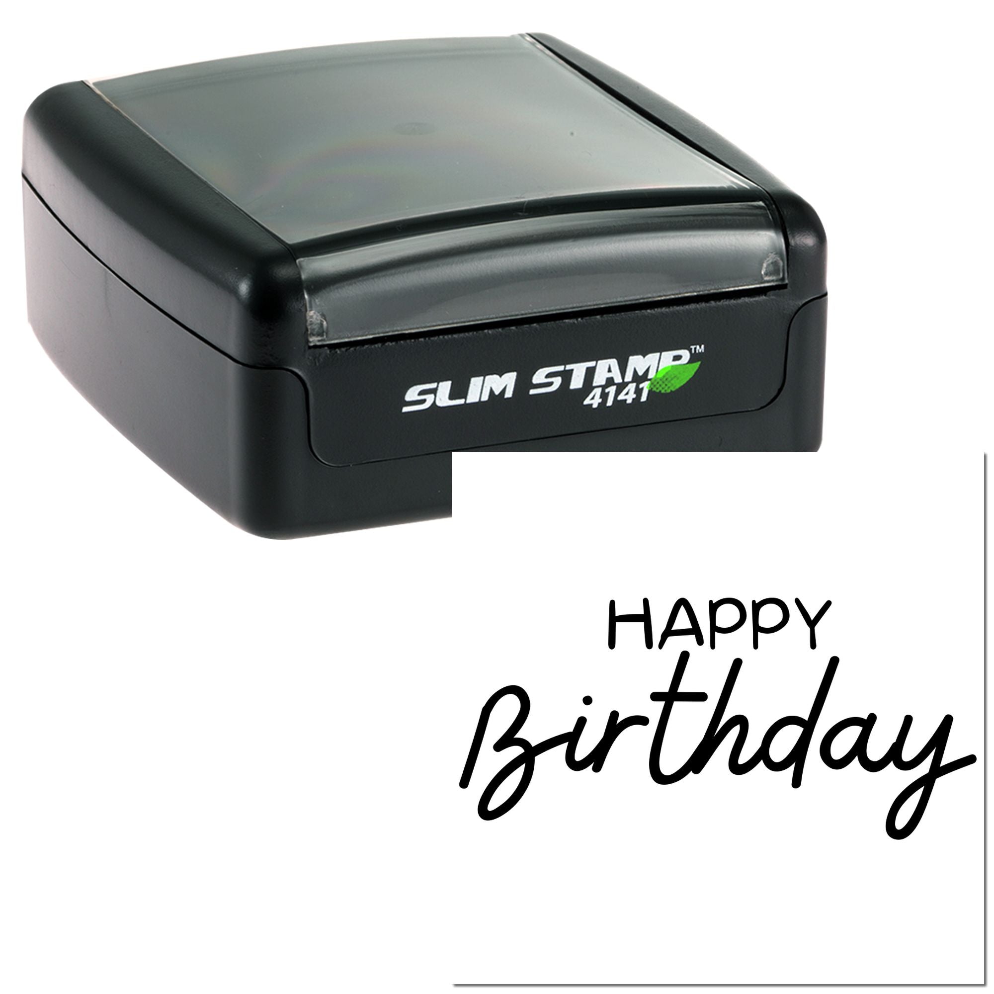 Happy Birthday self-inking rubber stamp in Slim Stamp 4141 case for custom birthday card impressions.