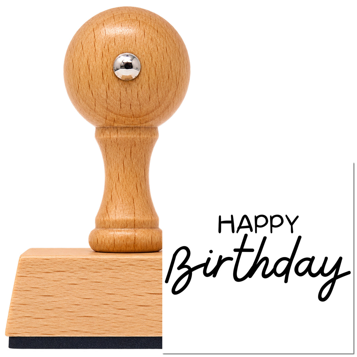 Happy Birthday Casual Script Lettering Vintage Pro rubber stamp in European beech wood with a round knob handle, shown beside its black imprint.