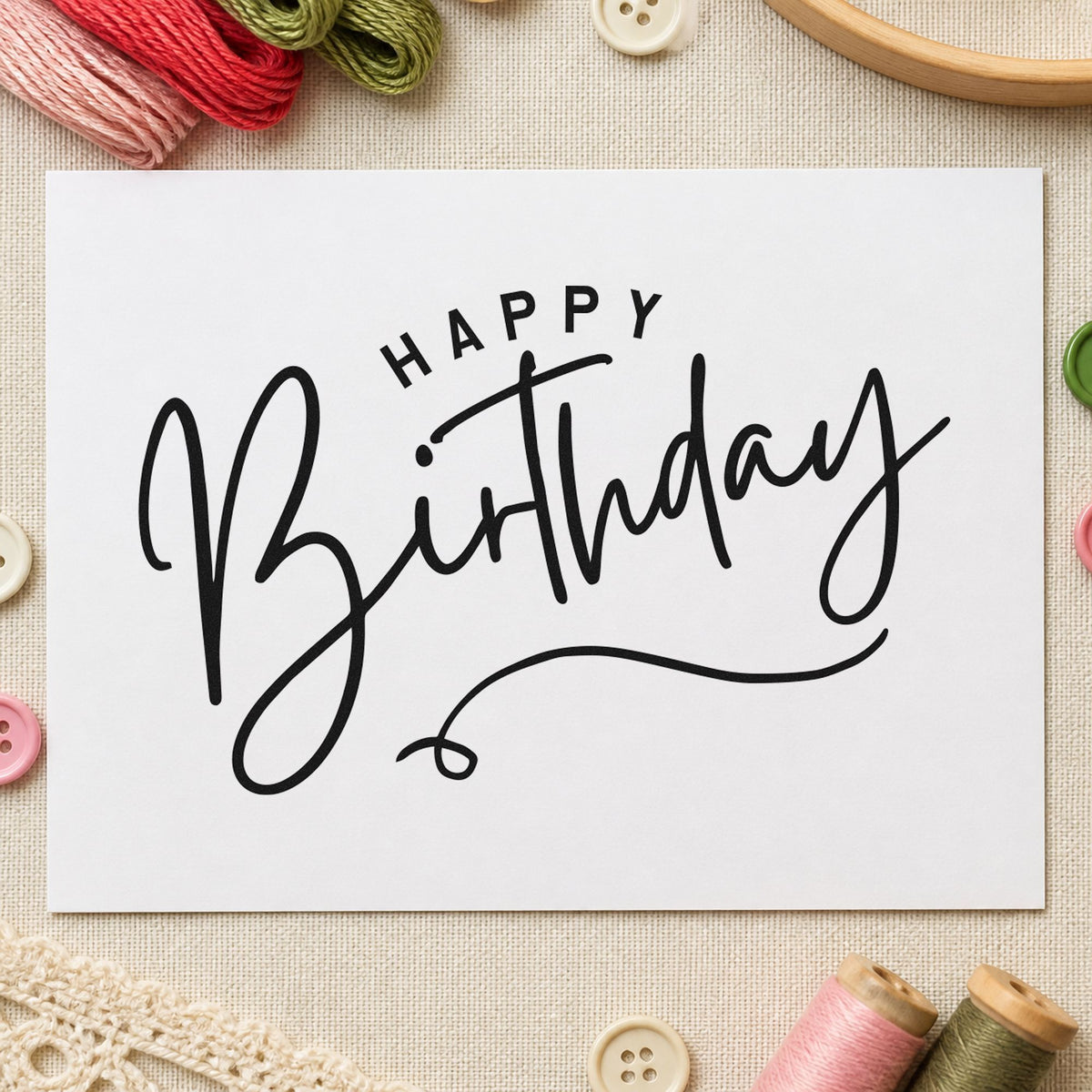 Happy Birthday Loop Underline rubber stamp printed in black ink, ready for order queue sheet and similar paper crafts.