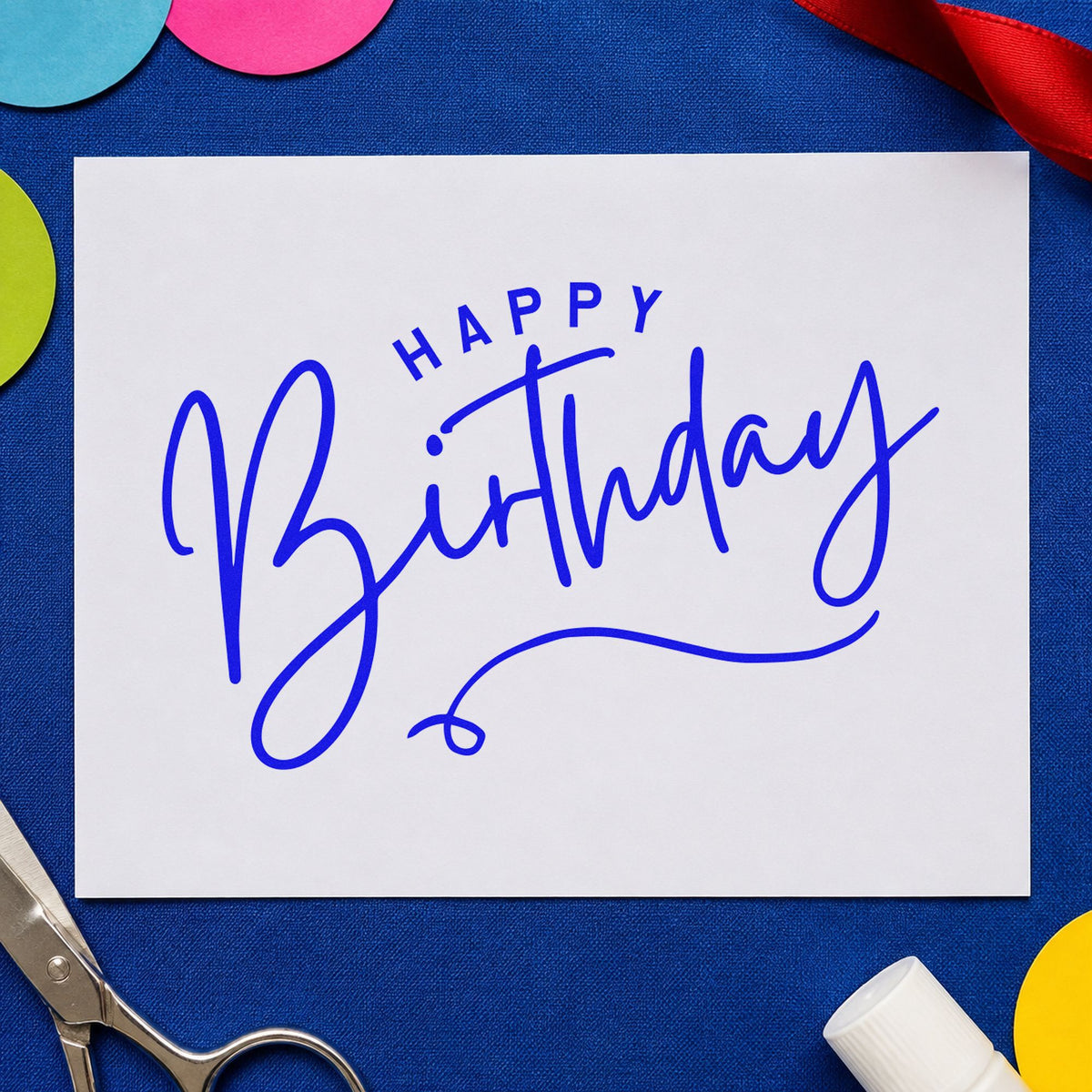 Happy Birthday Loop Underline craft stamp in blue ink on cardstock, an easy option for work cloth printing.