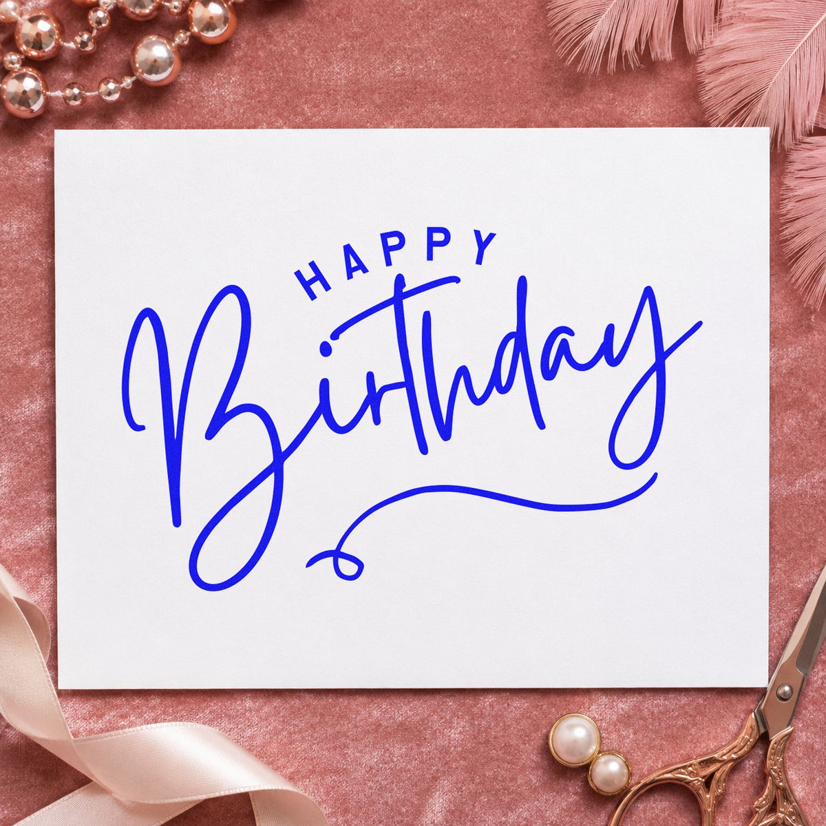Happy Birthday Loop Underline craft stamp imprinted in blue ink on paper, a design suited to framed craft bench.