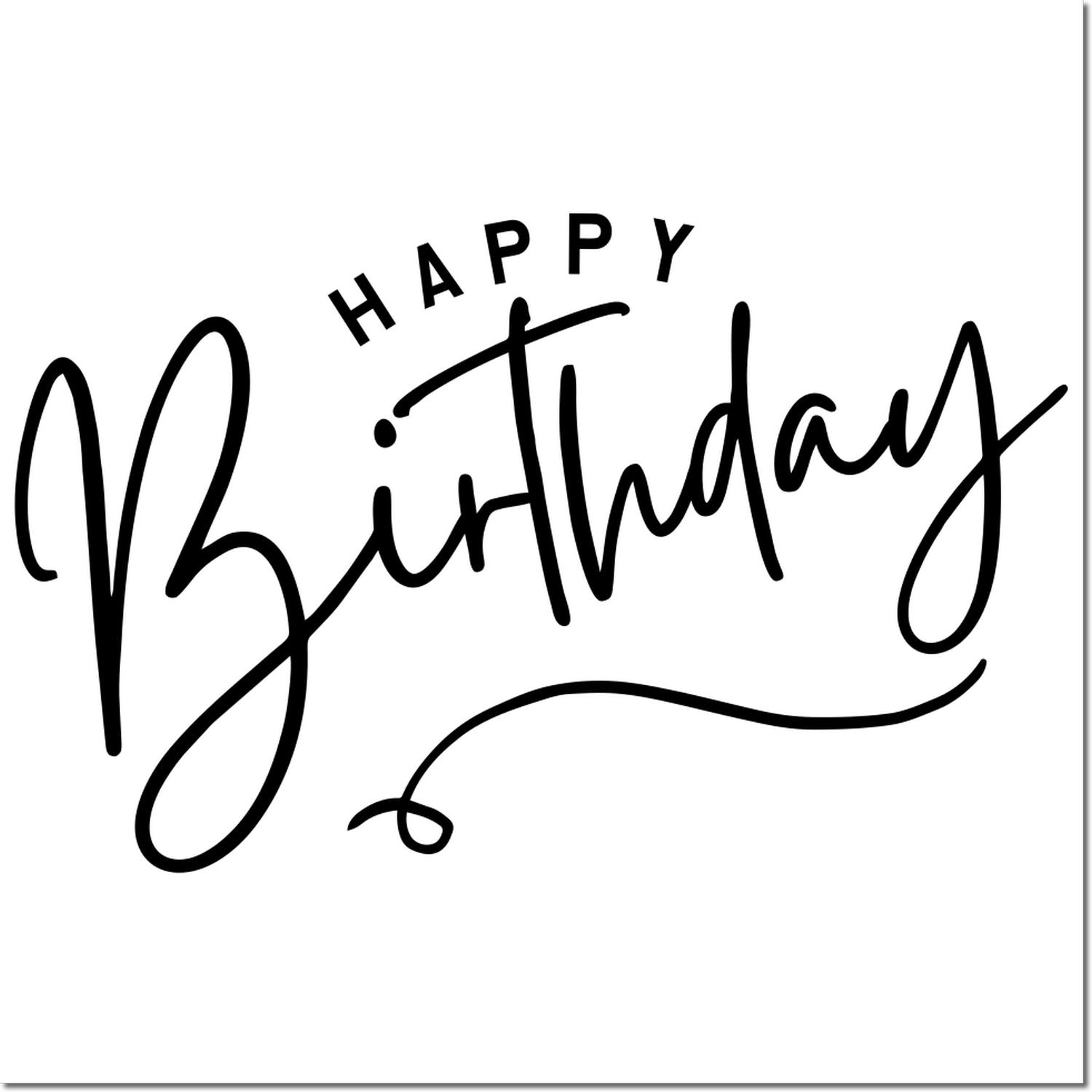 Happy Birthday rubber stamp design in elegant script for greeting cards, invitations, and craft projects.