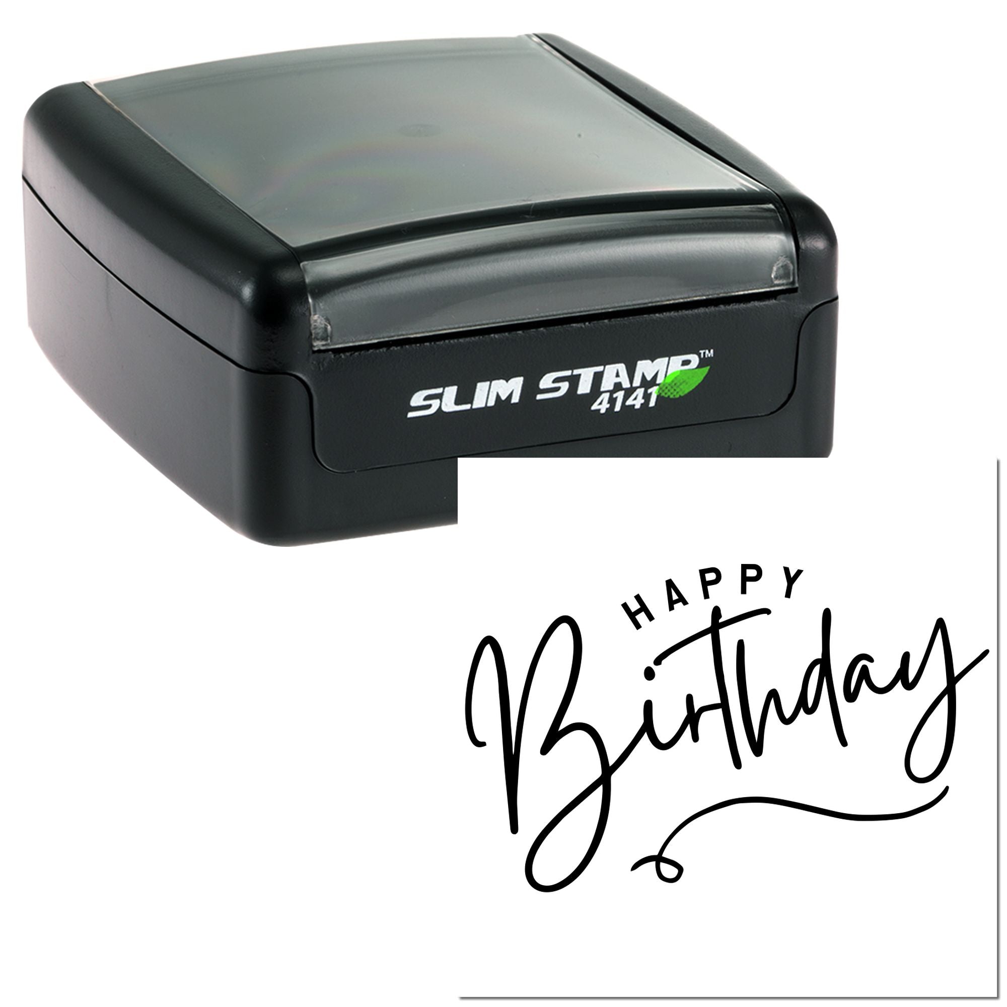 Self-inking rubber stamp with Happy Birthday impression for custom birthday cards, invitations, and party packaging.