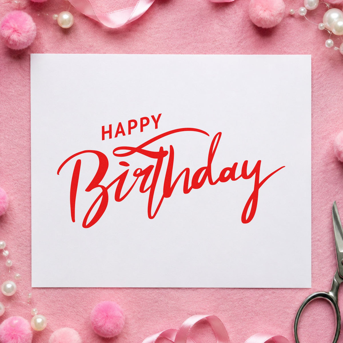 Happy Birthday Brush Flourish craft stamp imprint in red ink on a handmade project, one idea being setup note cards.
