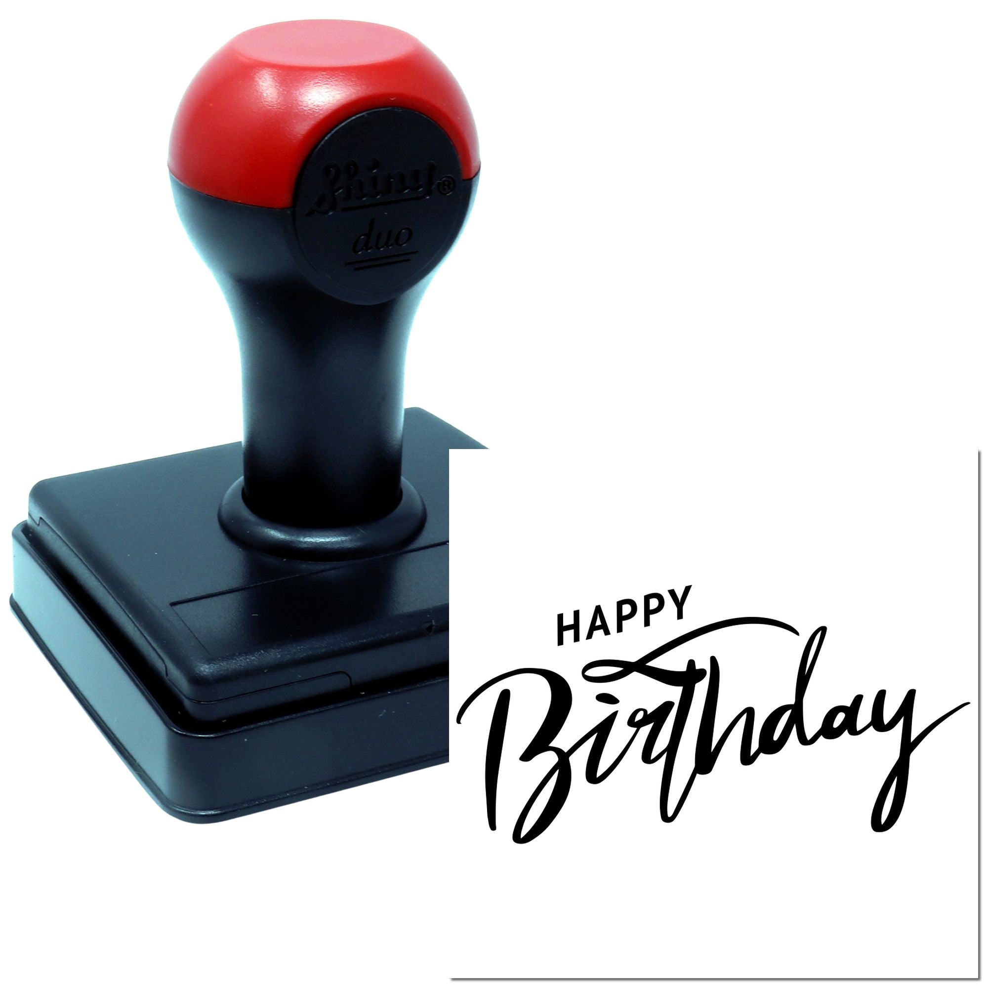 Self-inking rubber stamp with Happy Birthday imprint for custom greeting cards and birthday packaging.