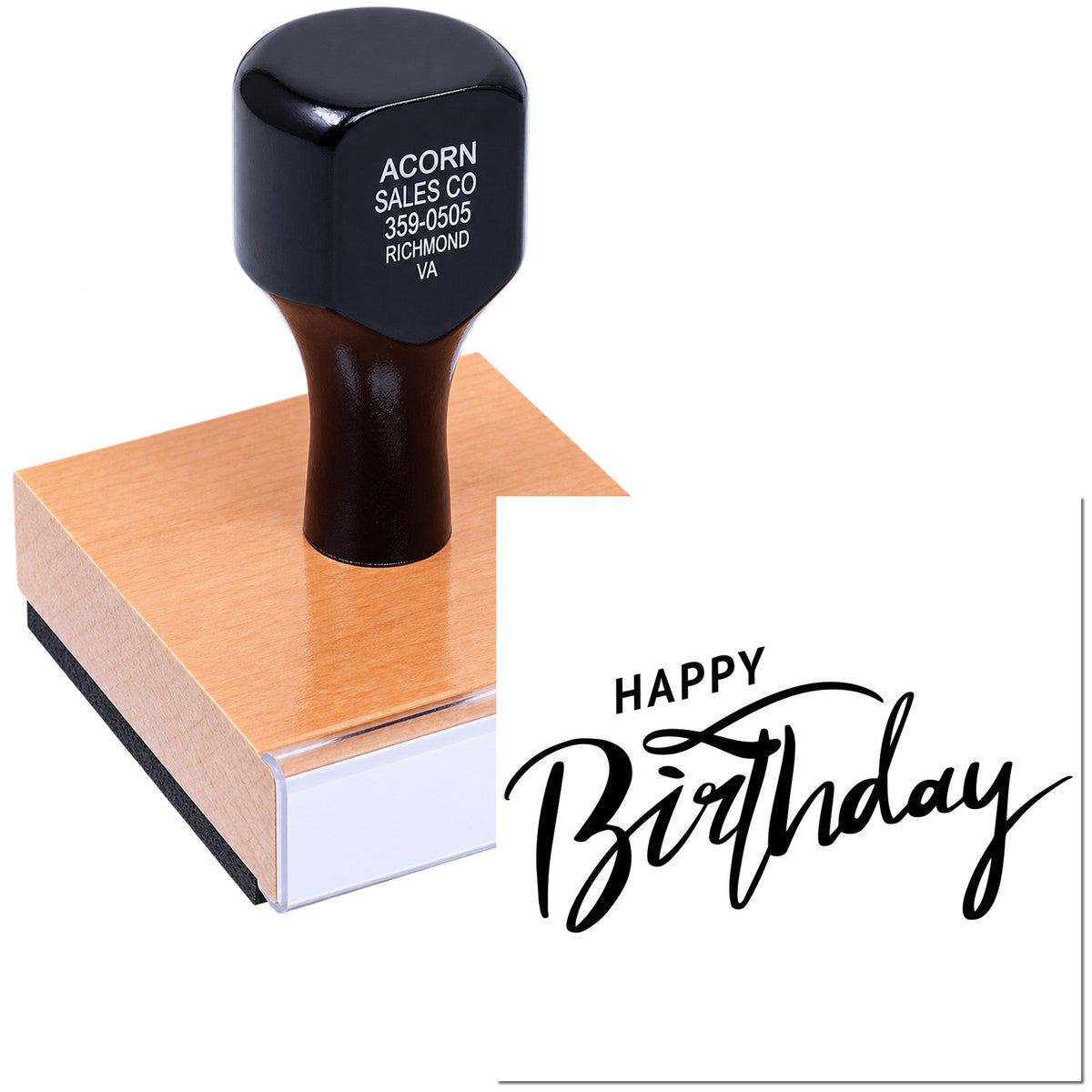 Custom Happy Birthday rubber stamp for cards, crafts, and personalized birthday stationery.