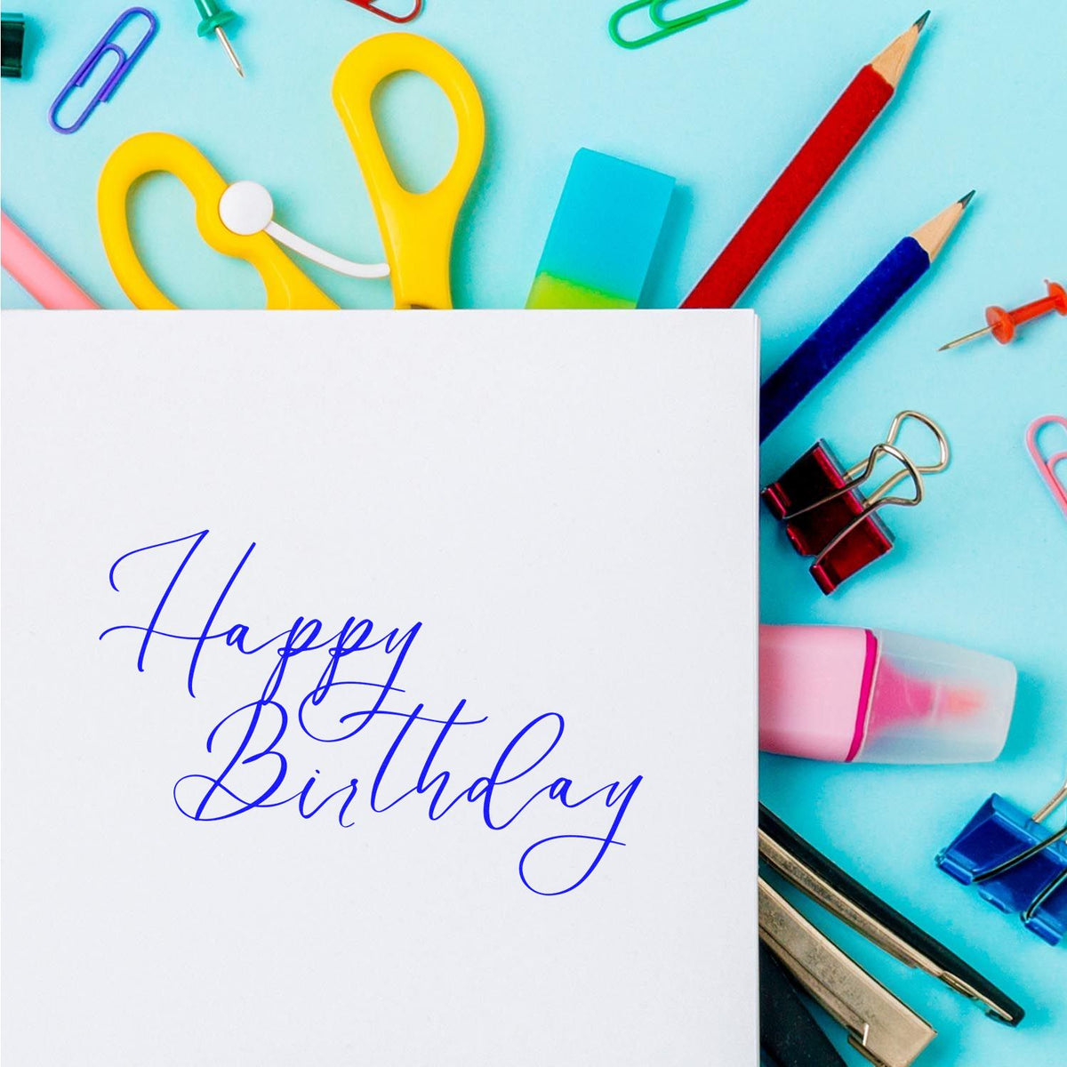Elegant Happy Birthday Calligraphy rubber stamp shown in purple ink, stamped for projects such as calligraphy album page.