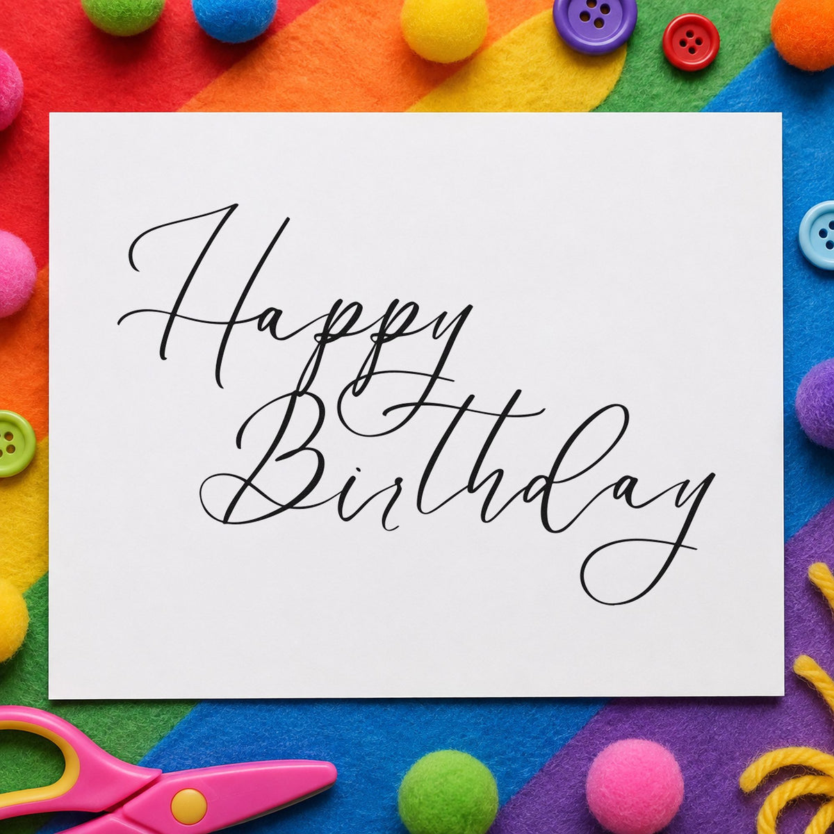 Elegant Happy Birthday Calligraphy craft stamp imprint in black ink on a handmade project, one idea being envelope set tags.
