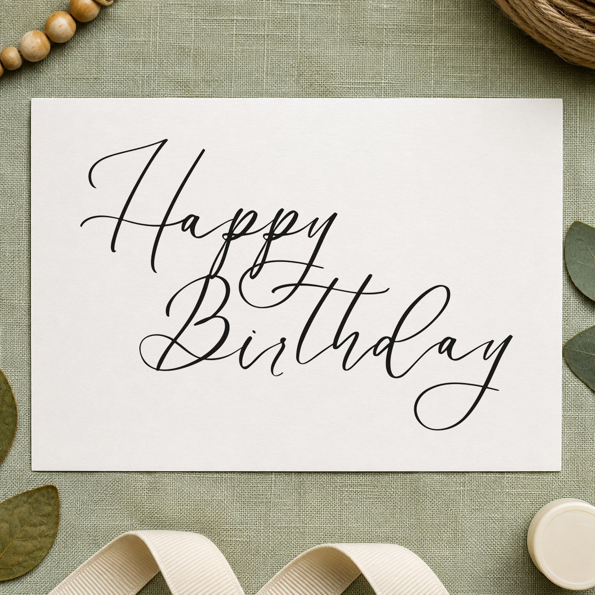 Elegant Happy Birthday Calligraphy rubber stamp printed in black ink, ready for address job sheet and similar paper crafts.