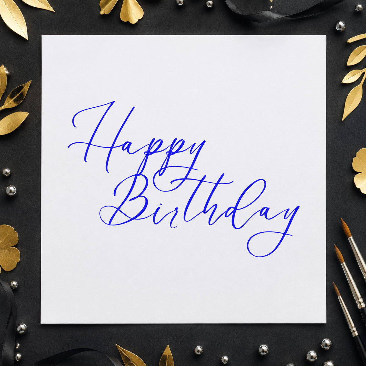 Elegant Happy Birthday Calligraphy craft stamp imprinted in blue ink on paper, a design suited to framed writing desk.