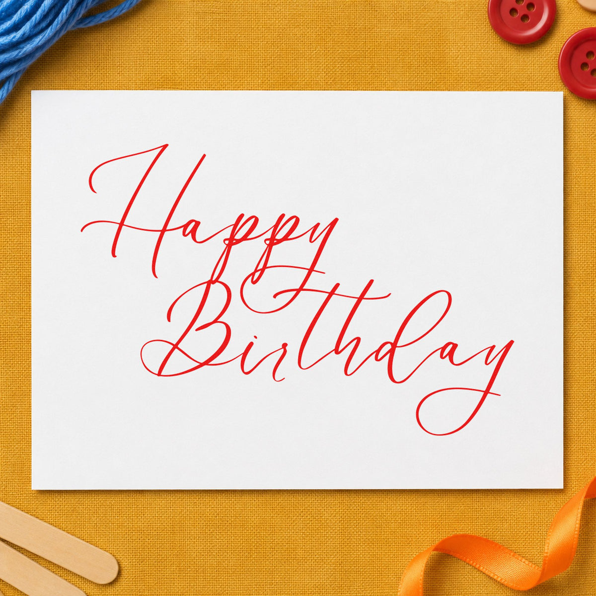 Elegant Happy Birthday Calligraphy rubber stamp shown in red ink, stamped for projects such as drawer ink labels.