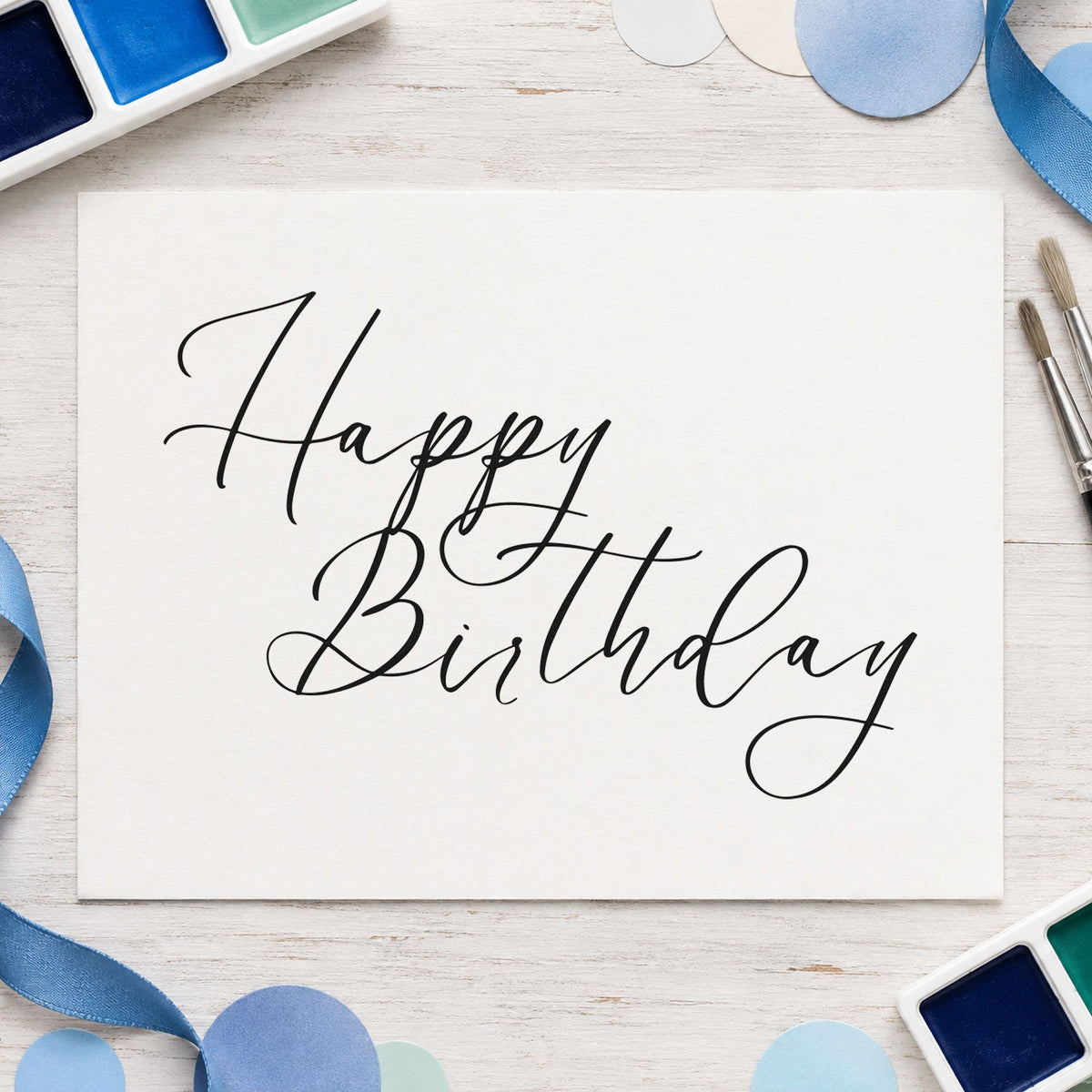 Elegant Happy Birthday Calligraphy rubber stamp printed in black ink, ready for sweeping line cards and similar paper crafts.