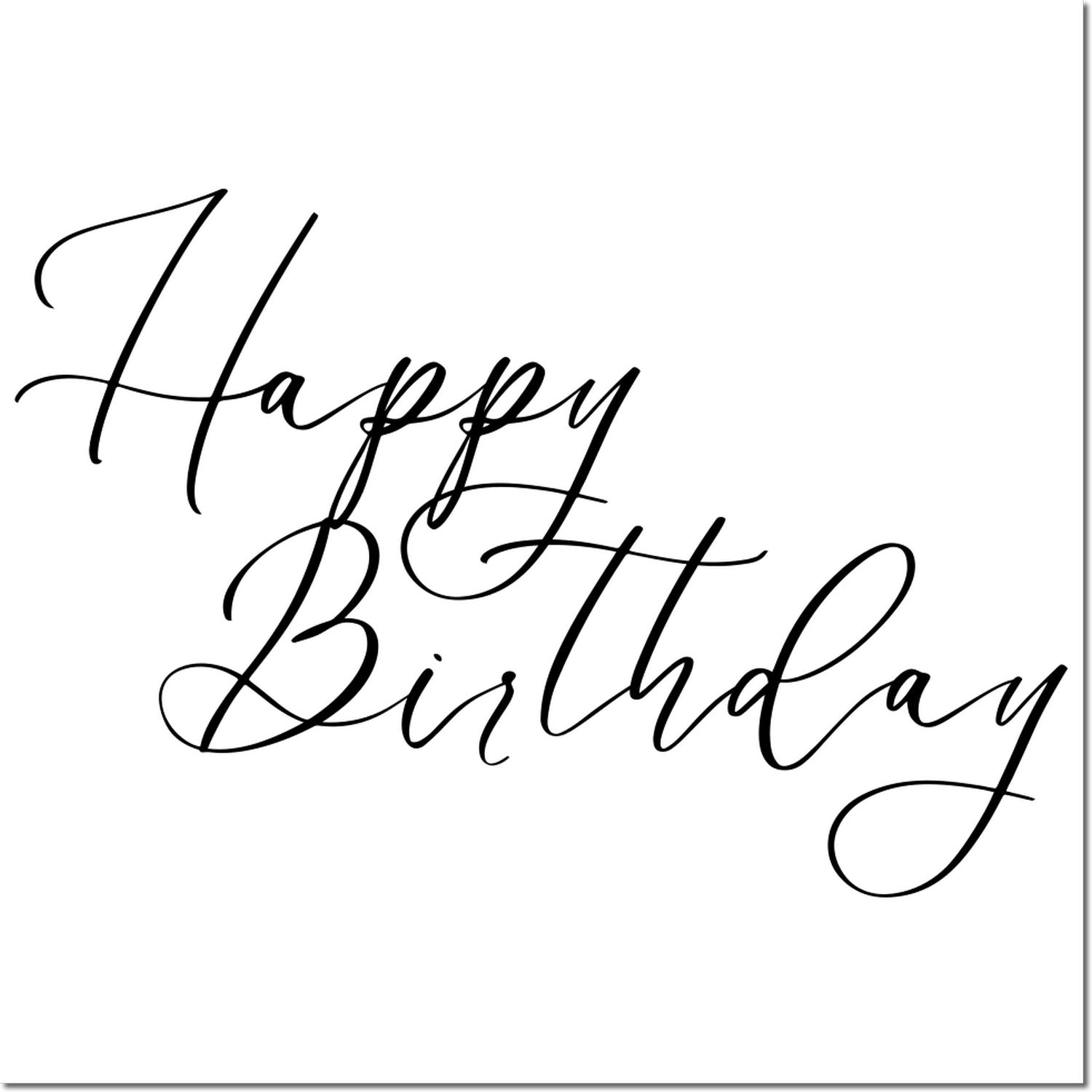 Happy Birthday rubber stamp in elegant black cursive for greeting cards, invitations, and DIY craft projects.