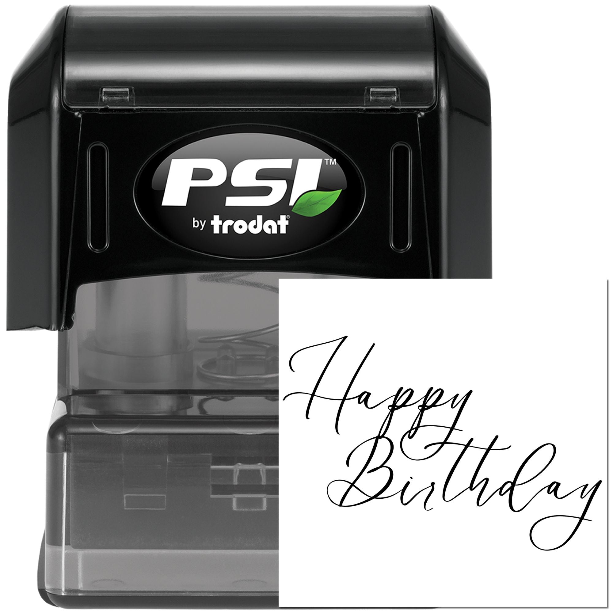 PSI by Trodat self-inking rubber stamp with custom Happy Birthday impression for personalized cards.