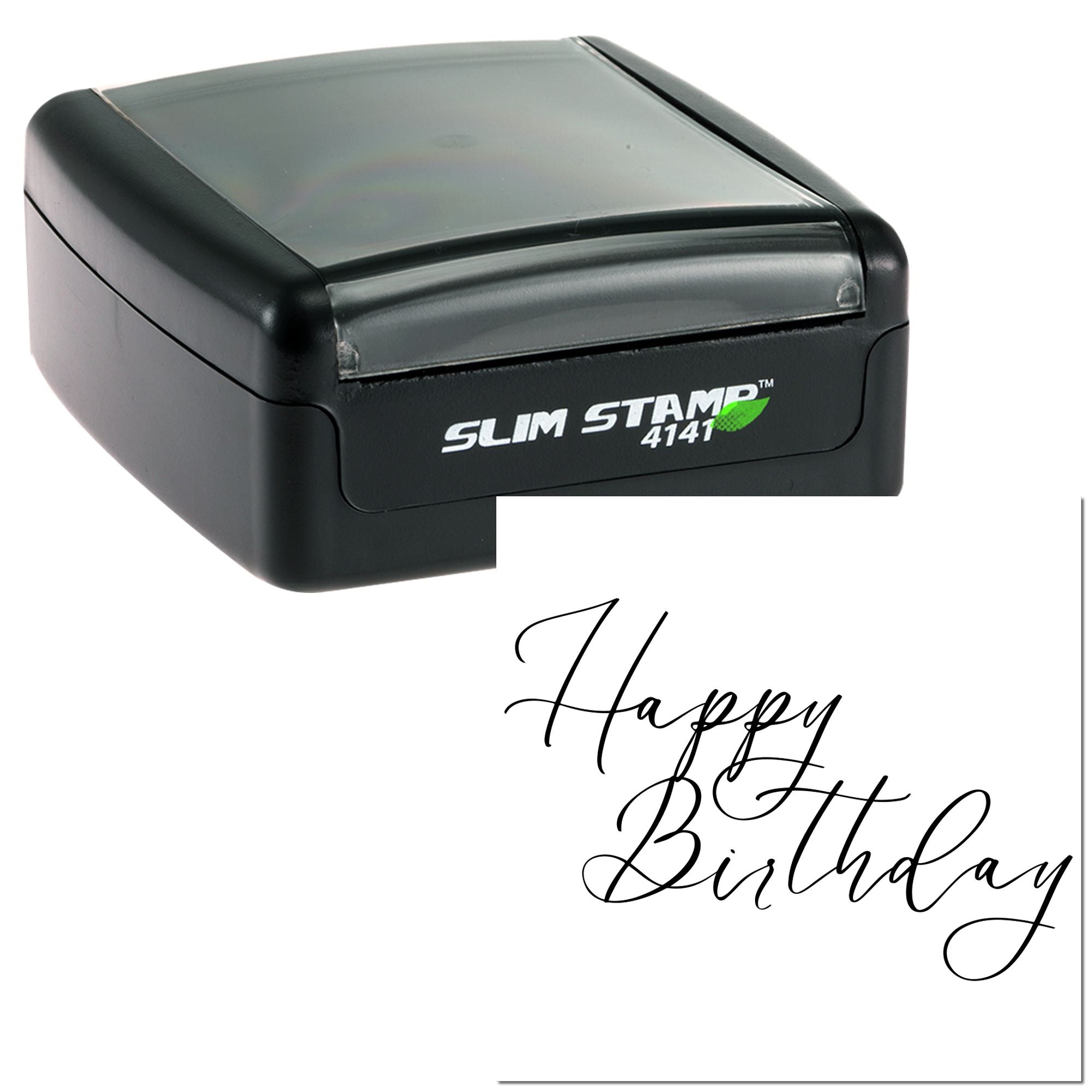 Slim self-inking rubber stamp with Happy Birthday script for custom birthday cards and gift packaging.