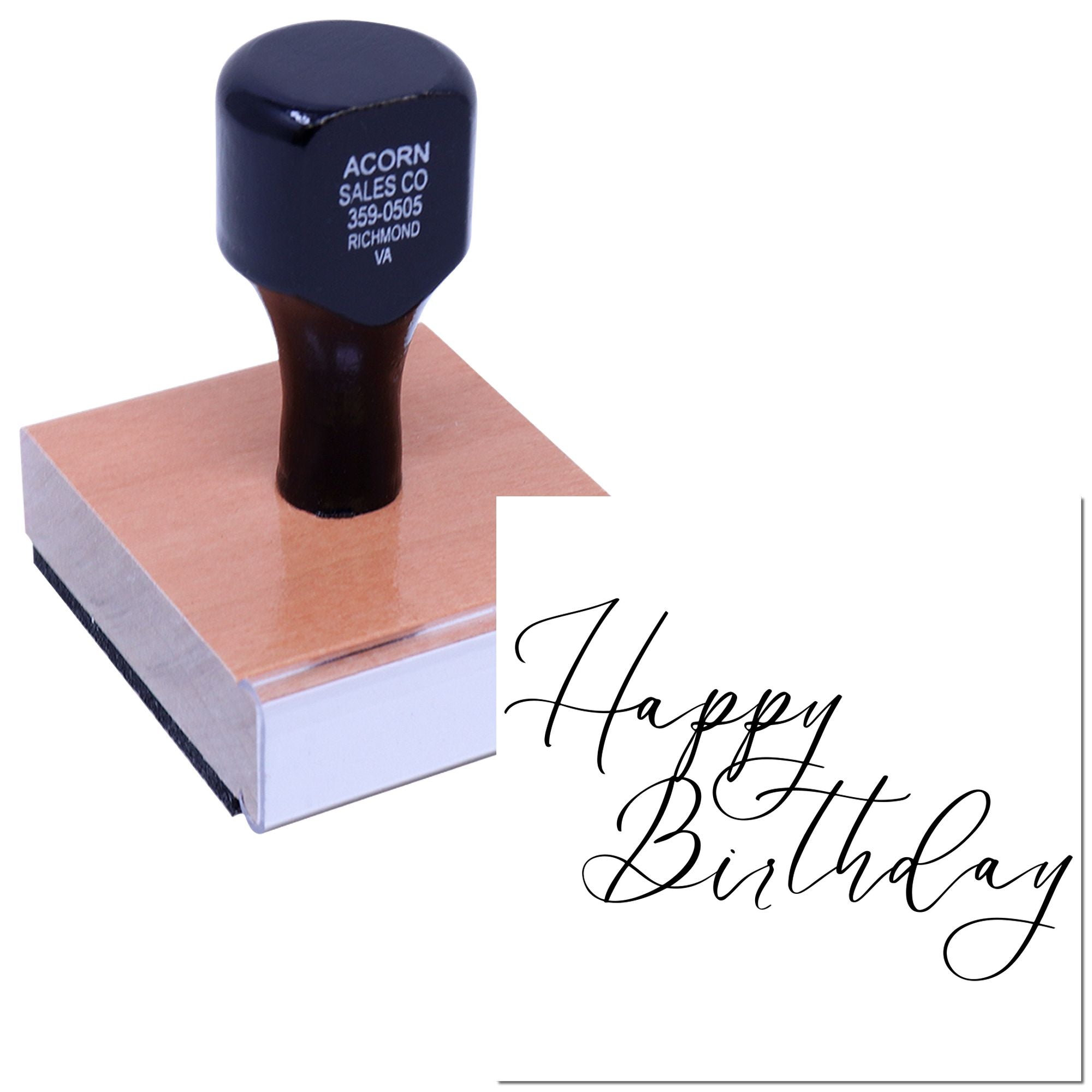 Custom rubber stamps for business branding and Happy Birthday messages, shown with a self-inking stamp and sample imprint.