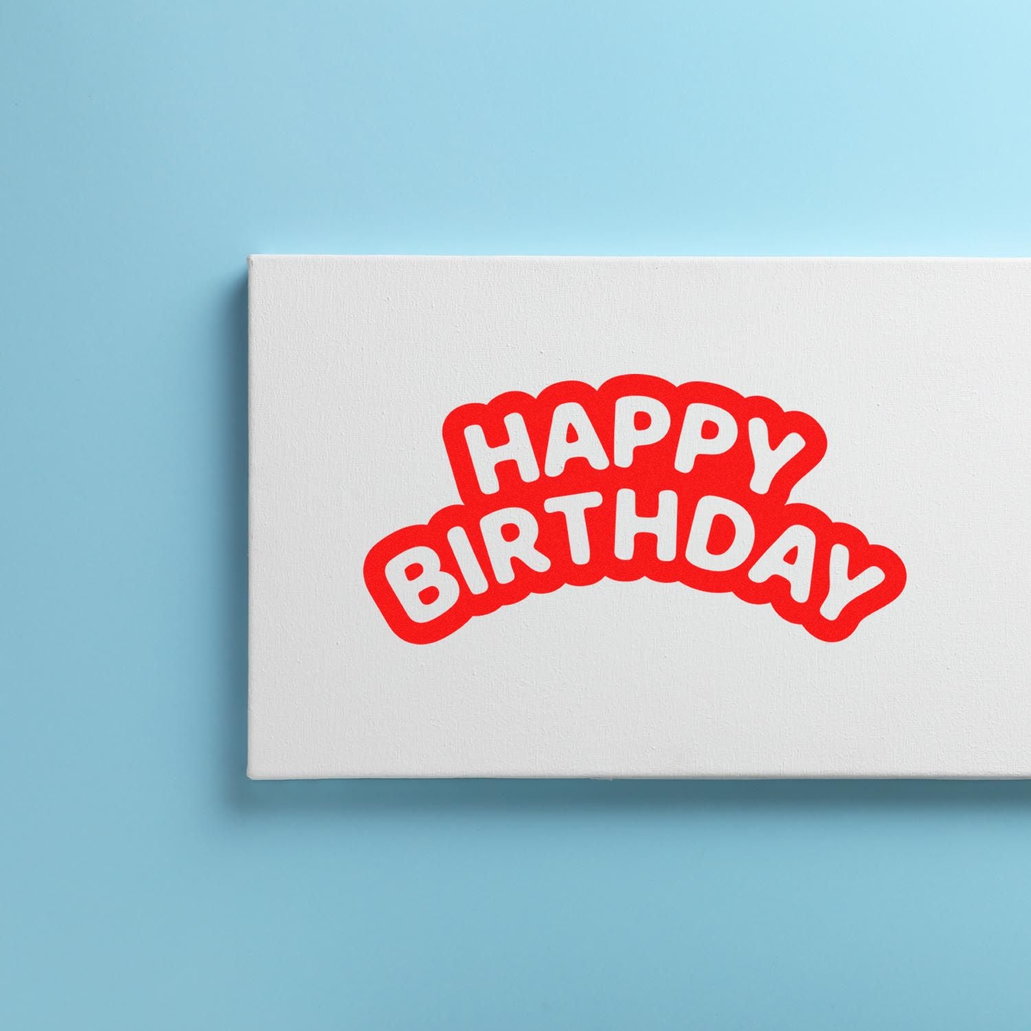 Happy Birthday rubber stamp impression in red on a white box, ideal for birthday cards, crafts, and custom stamping projects.