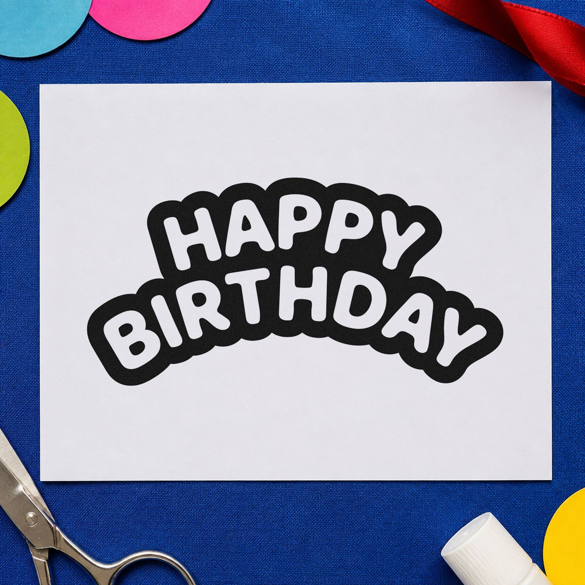 Happy Birthday Bubble Outline craft stamp imprint in black ink on a handmade project, one idea being party bag gift tags.