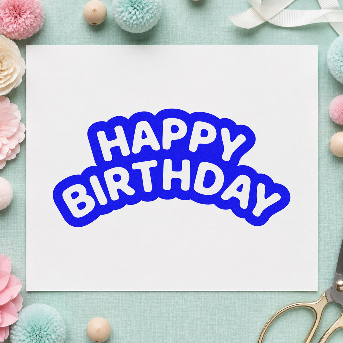 Happy Birthday Bubble Outline craft stamp imprinted in blue ink on paper, a design suited to framed party room.