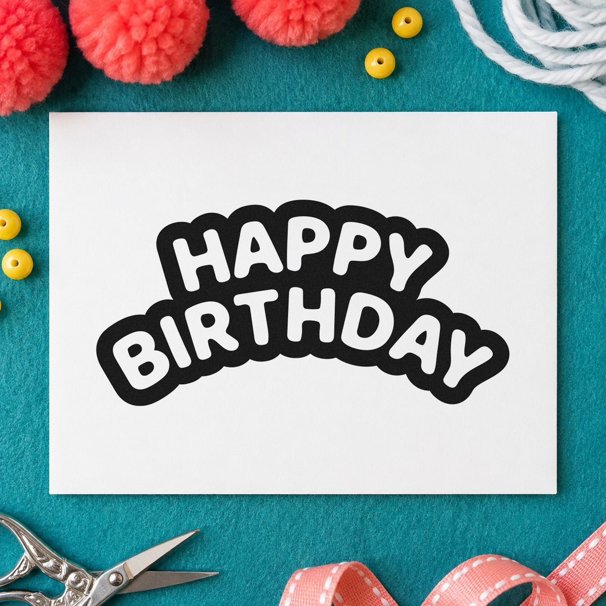 Happy Birthday Bubble Outline rubber stamp printed in black ink, ready for thick outline cards and similar paper crafts.