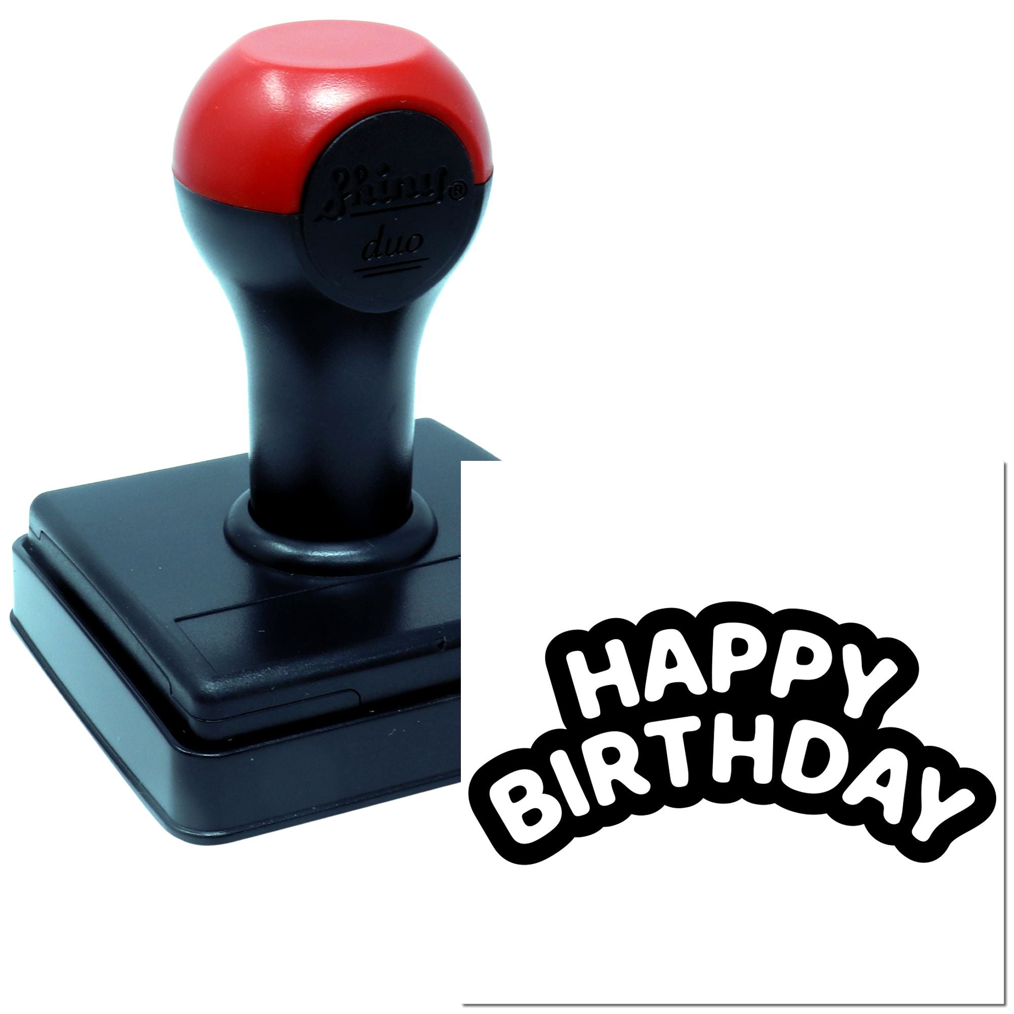 Self-inking Happy Birthday rubber stamp for greeting cards, party favors, and handmade invitations.