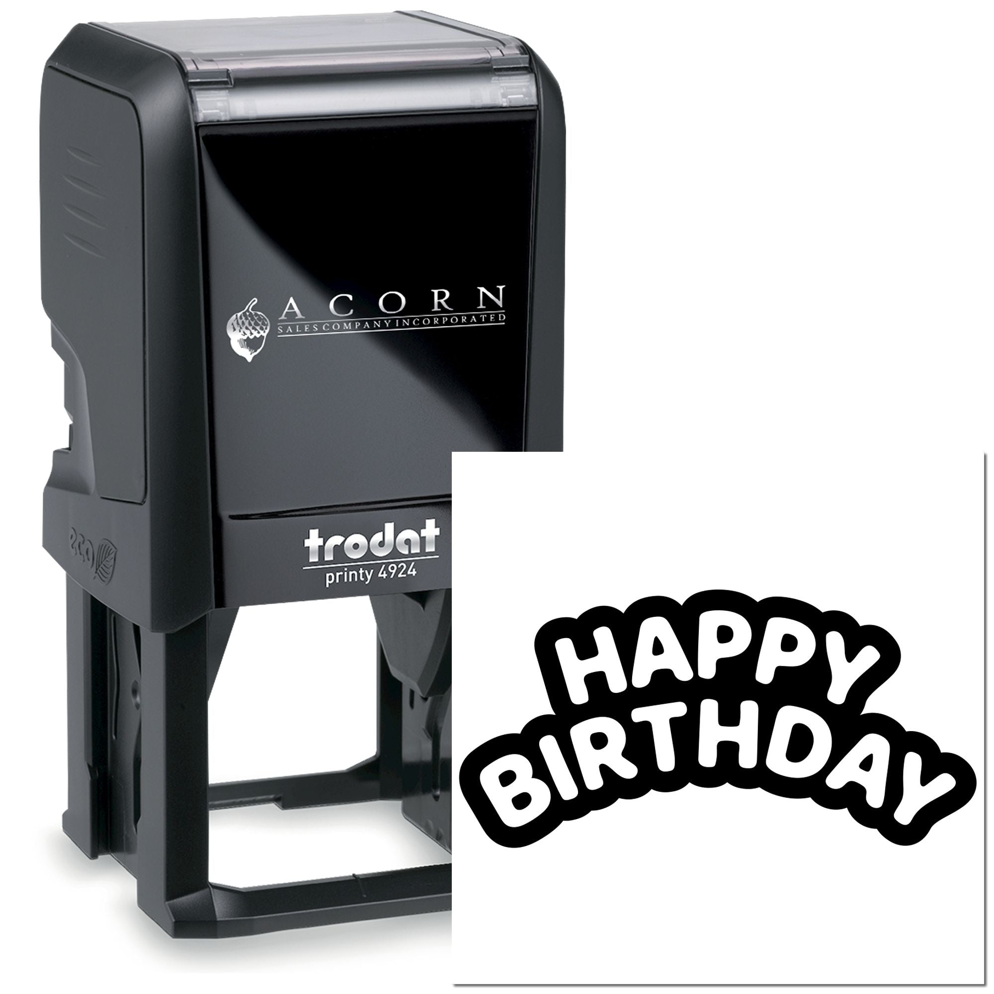 Custom self-inking rubber stamp for birthday cards, featuring a bold Happy Birthday imprint and Trodat Printy 4924 design.