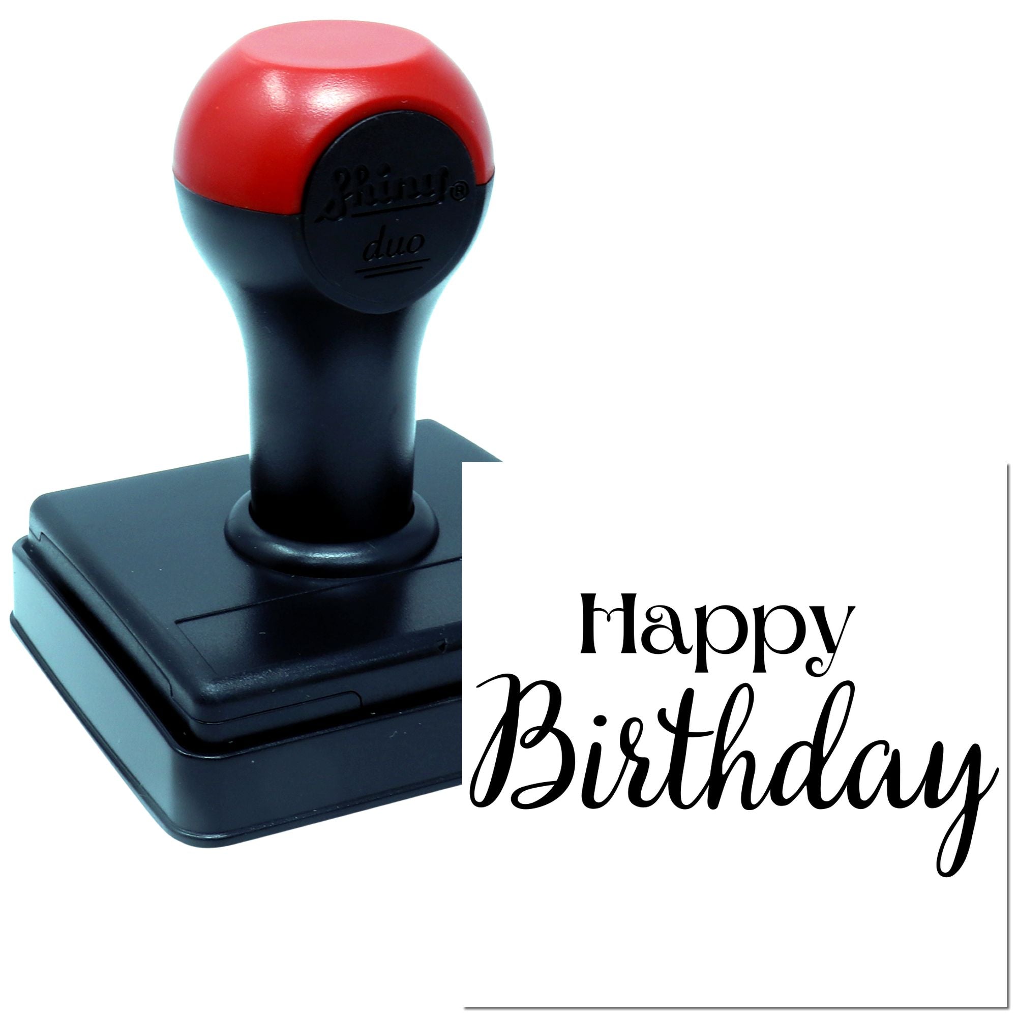 Happy Birthday self-inking rubber stamp with custom text, ideal for birthday cards, gifts, and party packaging.