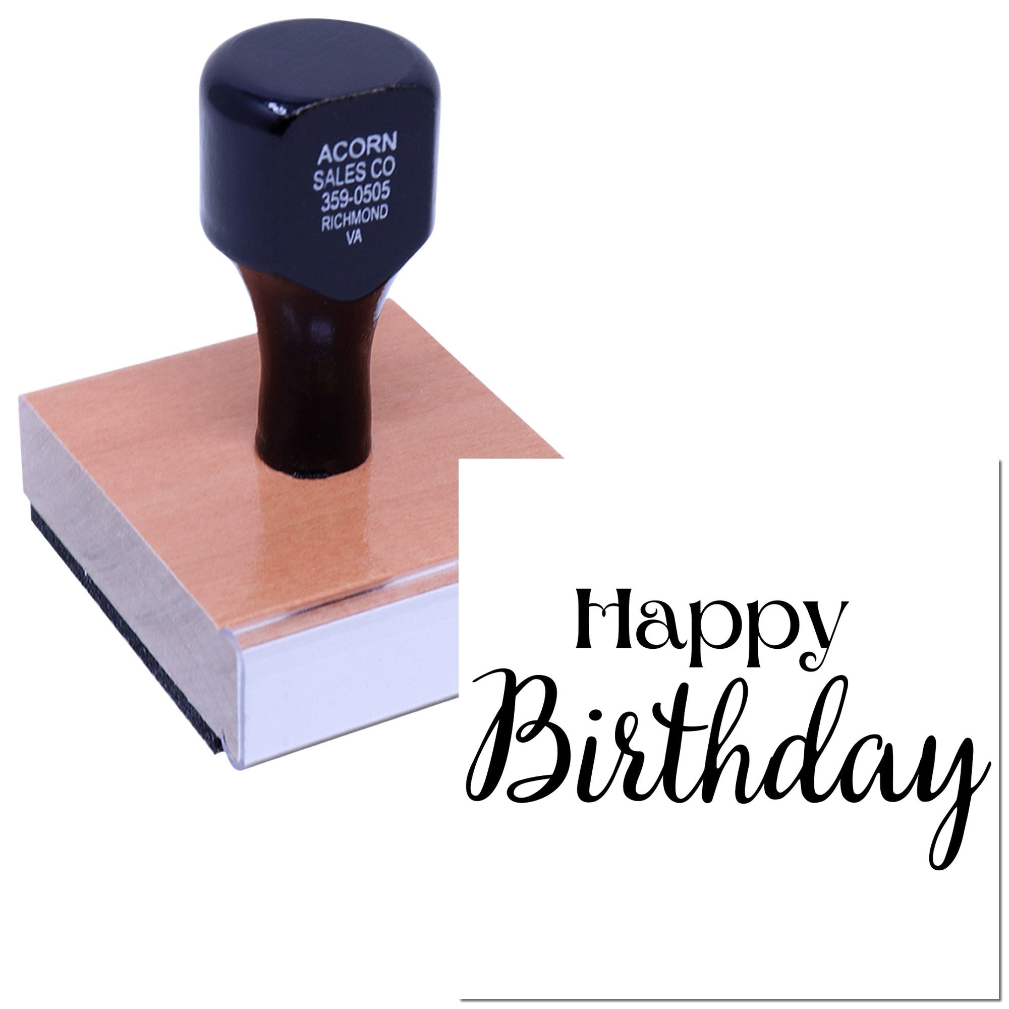 Custom Happy Birthday rubber stamp with wood handle and personalized logo imprint for greeting cards and packaging.