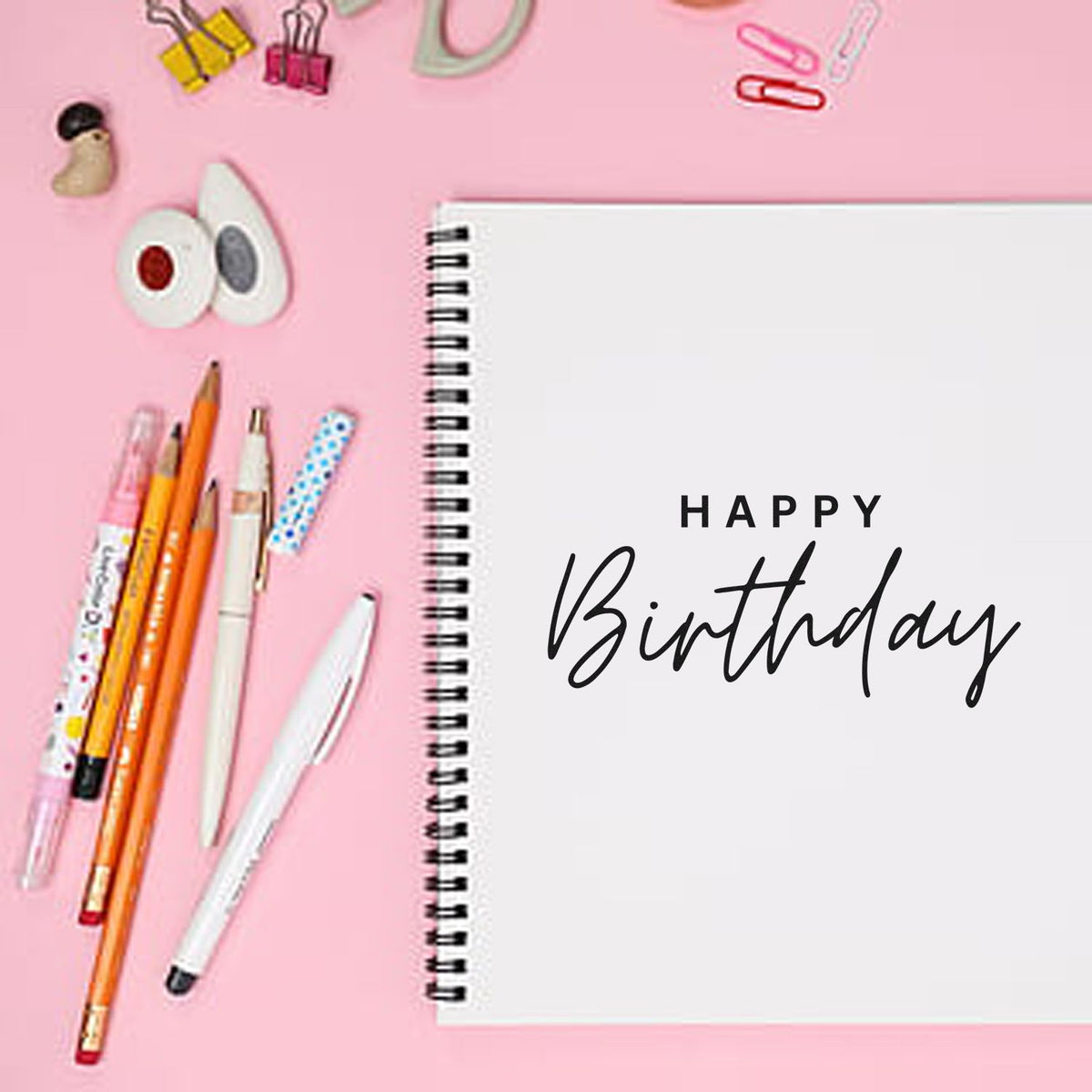 Premium Wooden Happy Birthday Spaced Capitals Script Lettering Stamp - Vintage Pro imprint stamped in black ink. Widely spaced HAPPY sits above a loose handwritten Birthday script.