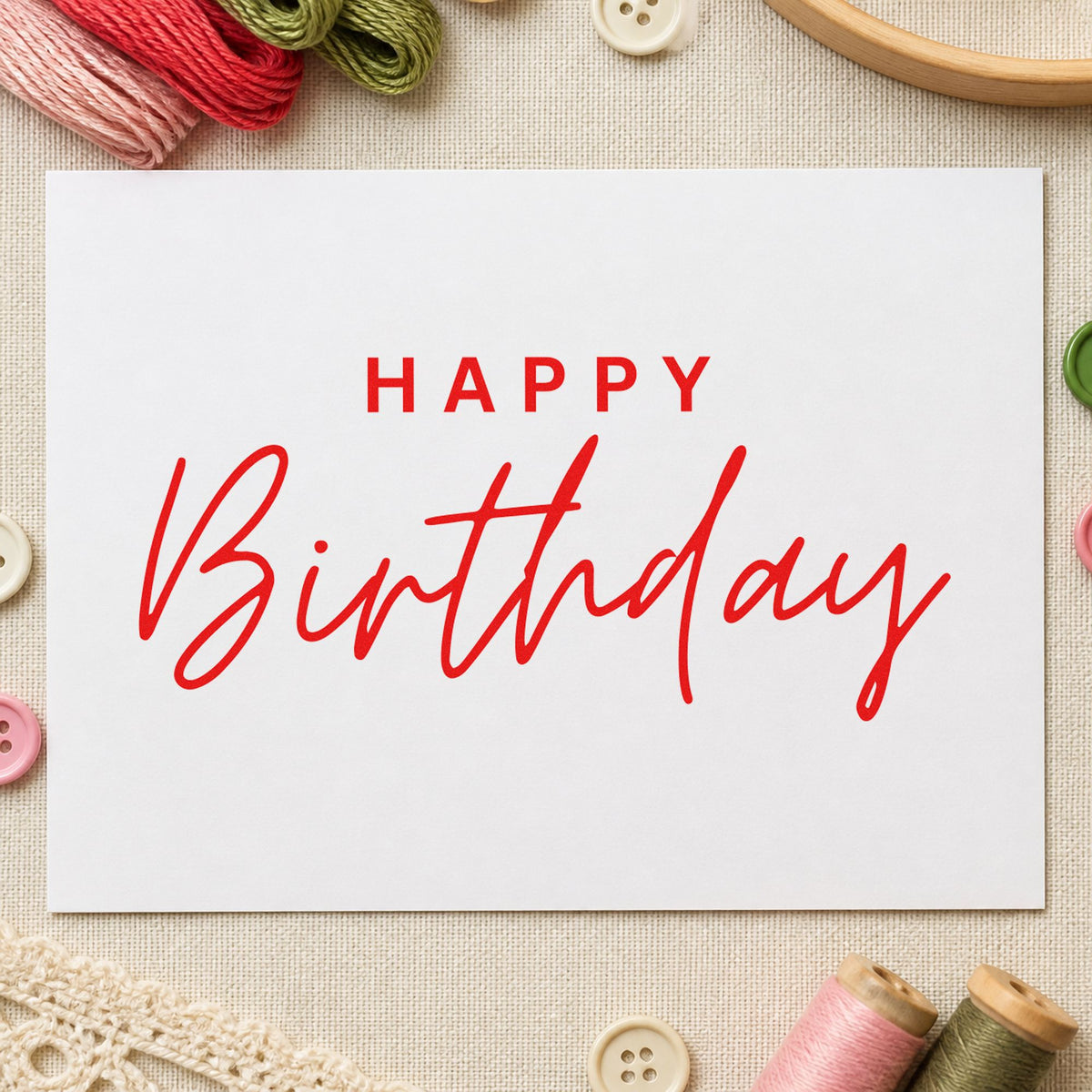 Happy Birthday Spaced Capitals craft stamp imprint in red ink on a handmade project, one idea being birthday list cards.