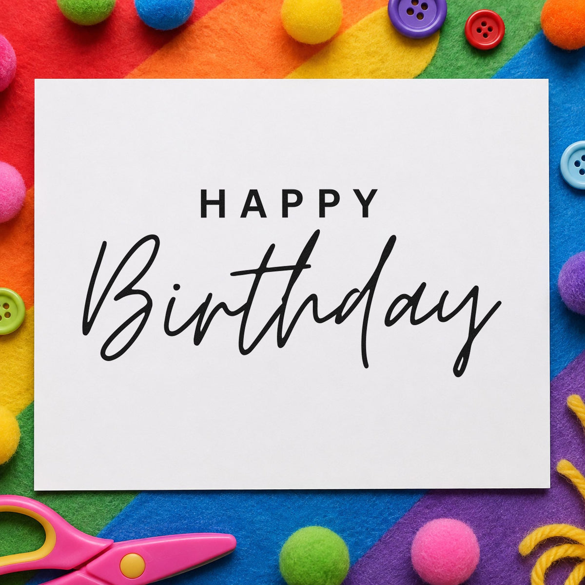 Happy Birthday Spaced Capitals rubber stamp printed in black ink, ready for loose script cards and similar paper crafts.