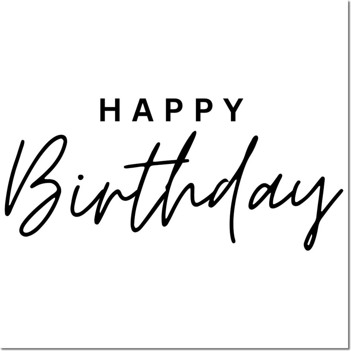 Happy Birthday rubber stamp design in bold script and modern type for cards, crafts, and gift packaging.