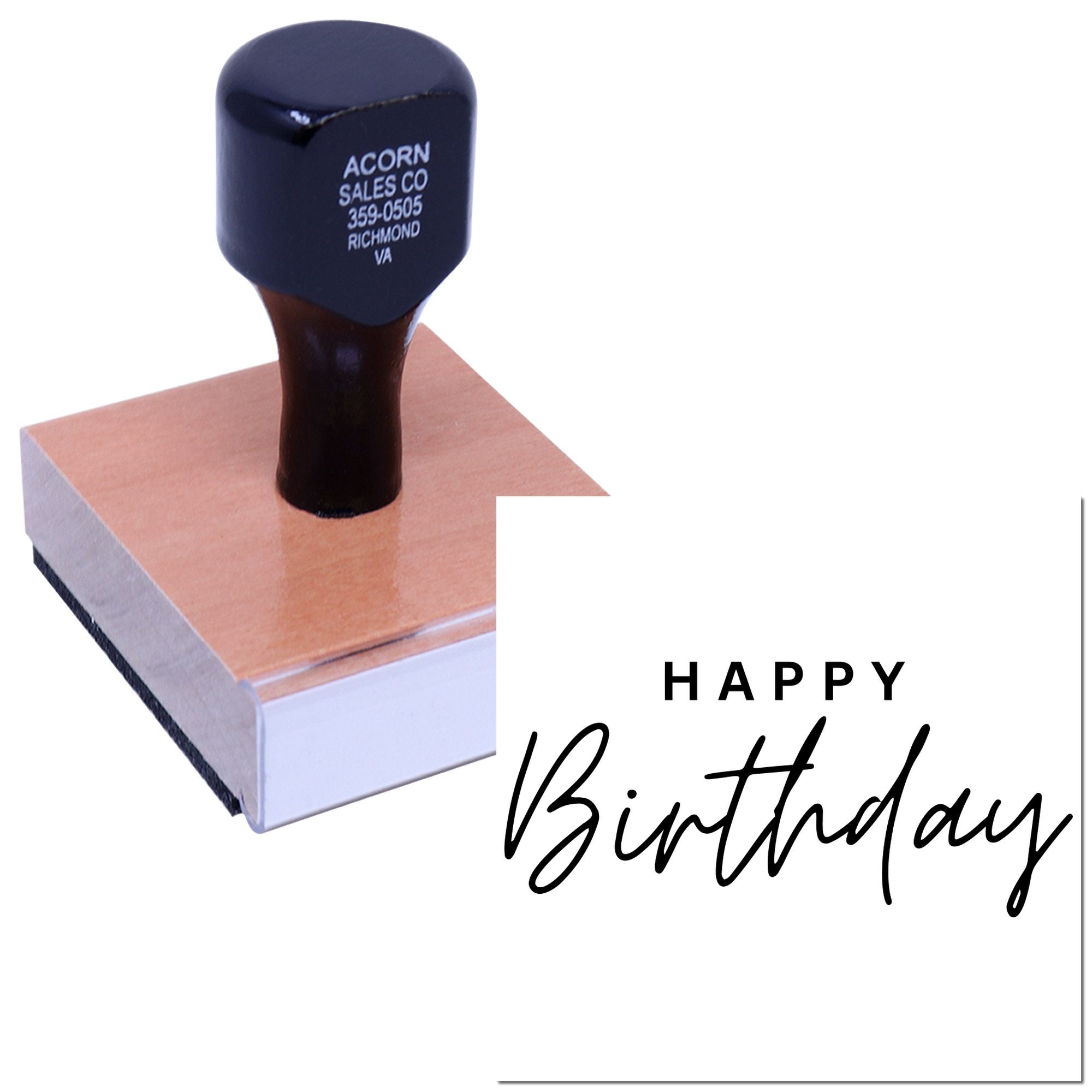 Custom rubber stamp with Happy Birthday message, ideal for personalized greeting cards, invitations, and crafts.