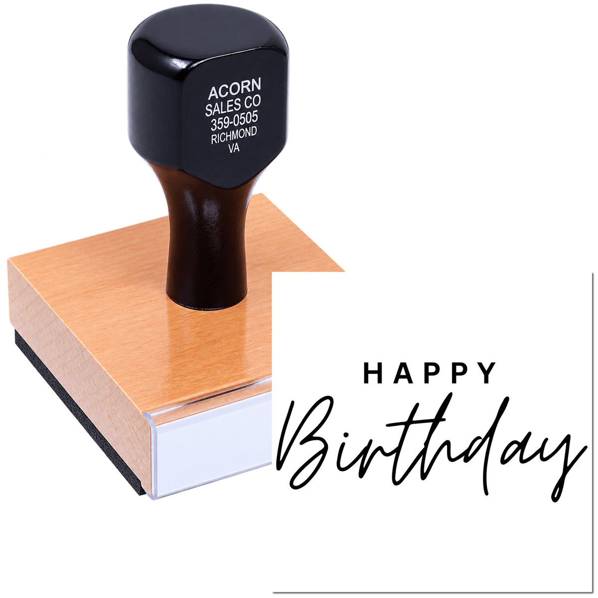Custom rubber stamp with Happy Birthday message, ideal for personalized greeting cards, invitations, and crafts.