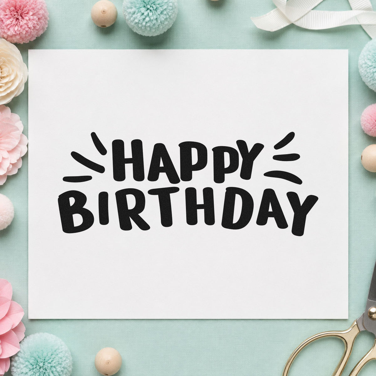 Happy Birthday Radiating Strokes rubber stamp printed in black ink, ready for session slot sheet and similar paper crafts.