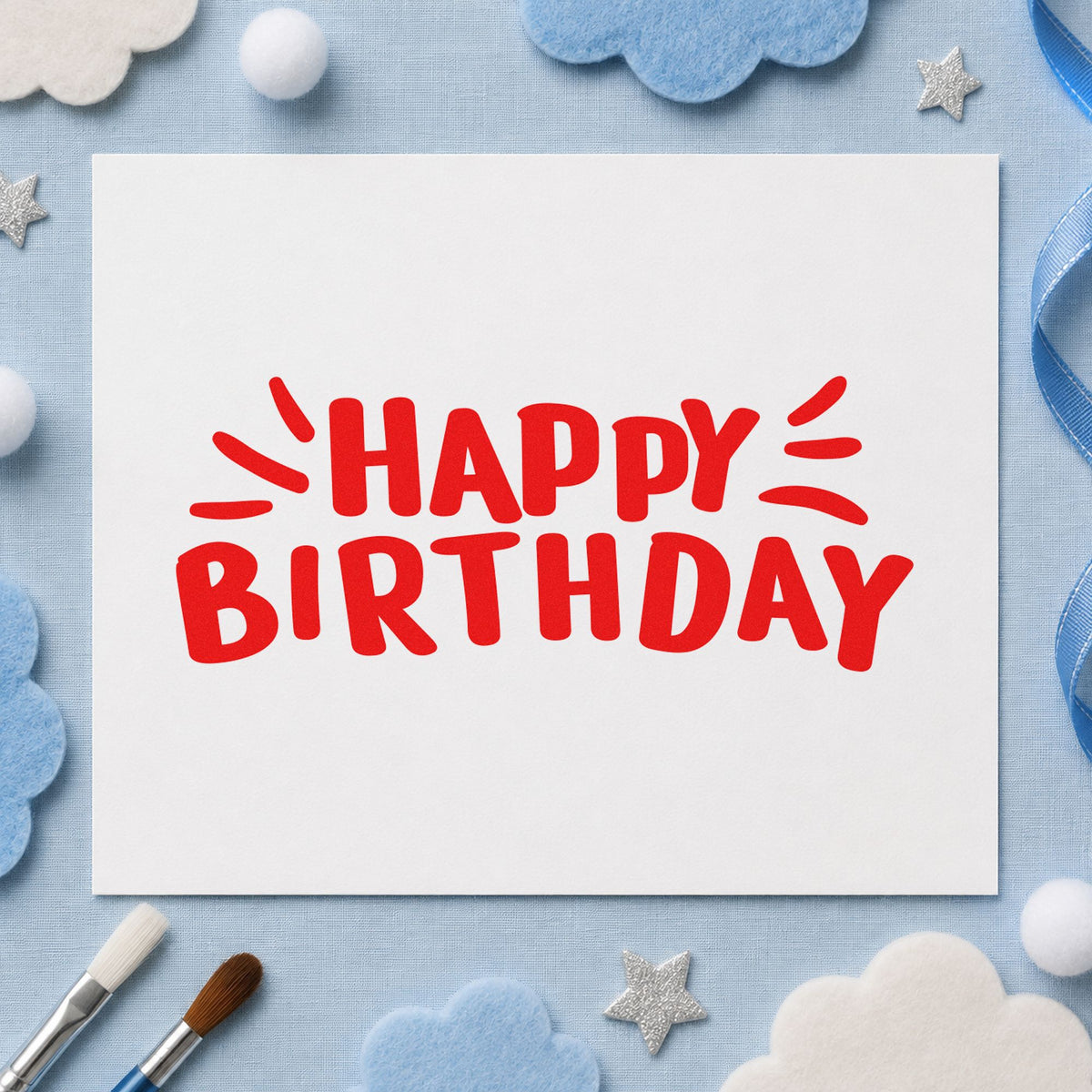 Happy Birthday Radiating Strokes rubber stamp shown in red ink, stamped for projects such as bin sock labels.