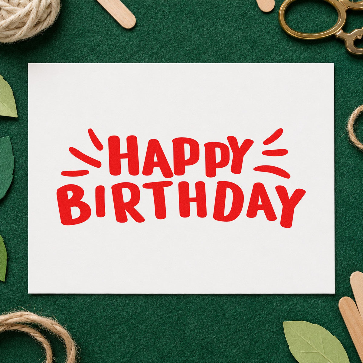 Happy Birthday Radiating Strokes craft stamp imprint in red ink on a handmade project, one idea being waiver slip cards.