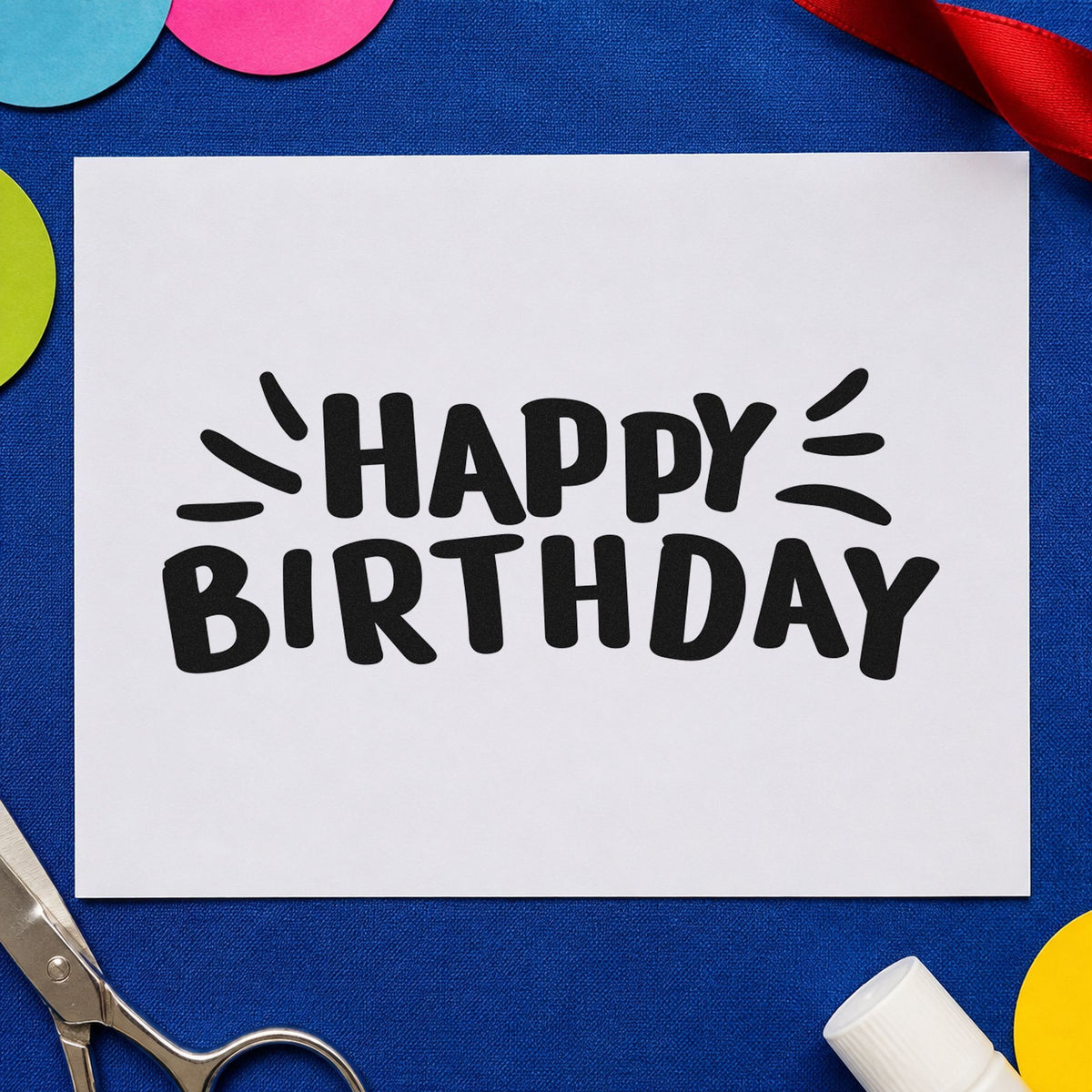 Happy Birthday Radiating Strokes rubber stamp printed in black ink, ready for chunky playful cards and similar paper crafts.