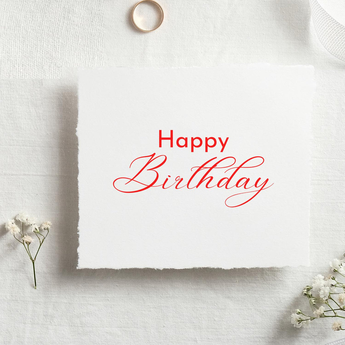 Happy Birthday Fine Calligraphy rubber stamp shown in red ink, stamped for projects such as engrave year album page.
