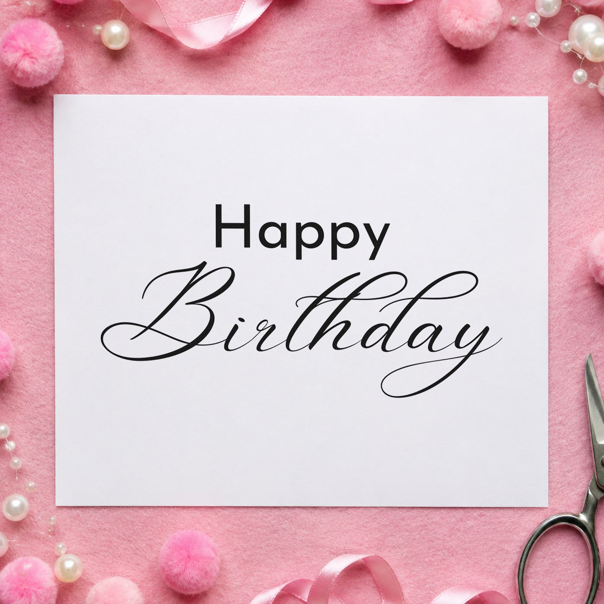 Happy Birthday Fine Calligraphy rubber stamp printed in black ink, ready for order queue sheet and similar paper crafts.