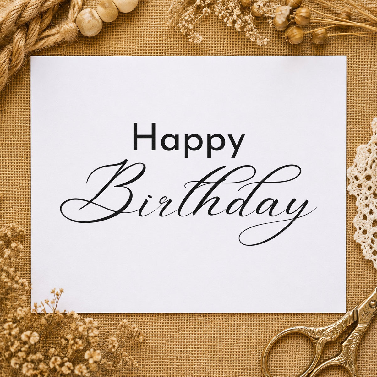 Happy Birthday Fine Calligraphy rubber stamp printed in black ink, ready for delicate flourish cards and similar paper crafts.