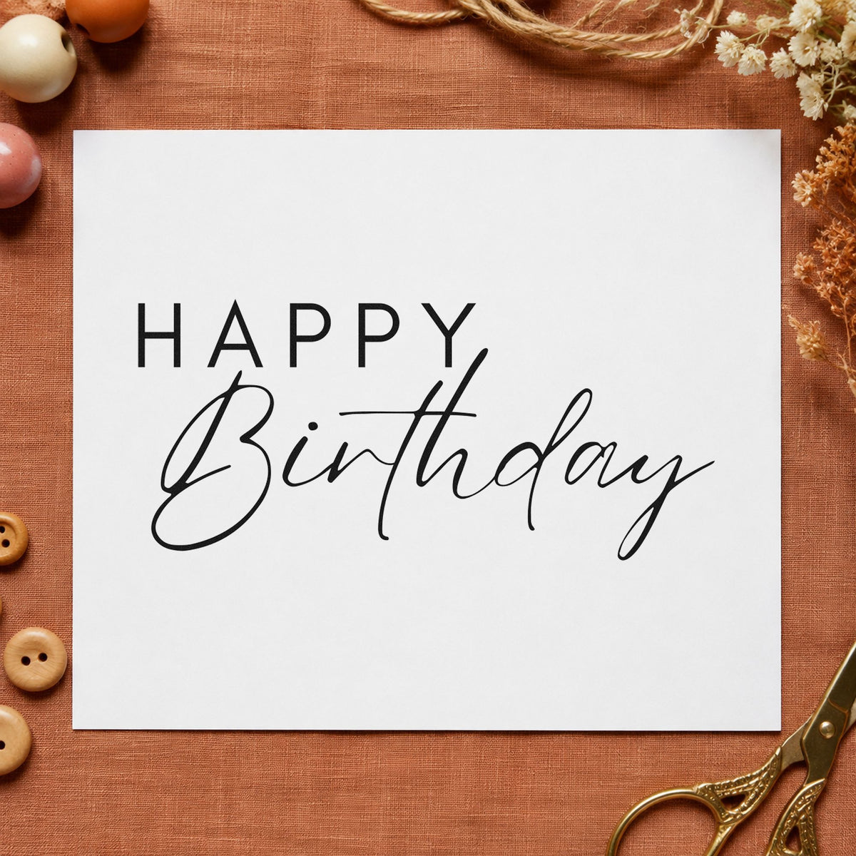 Happy Birthday Thin Lettering rubber stamp printed in black ink, ready for evening plan sheet and similar paper crafts.