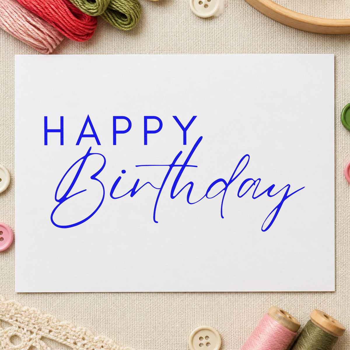 Happy Birthday Thin Lettering craft stamp imprinted in blue ink on paper, a design suited to framed bedroom shelf.