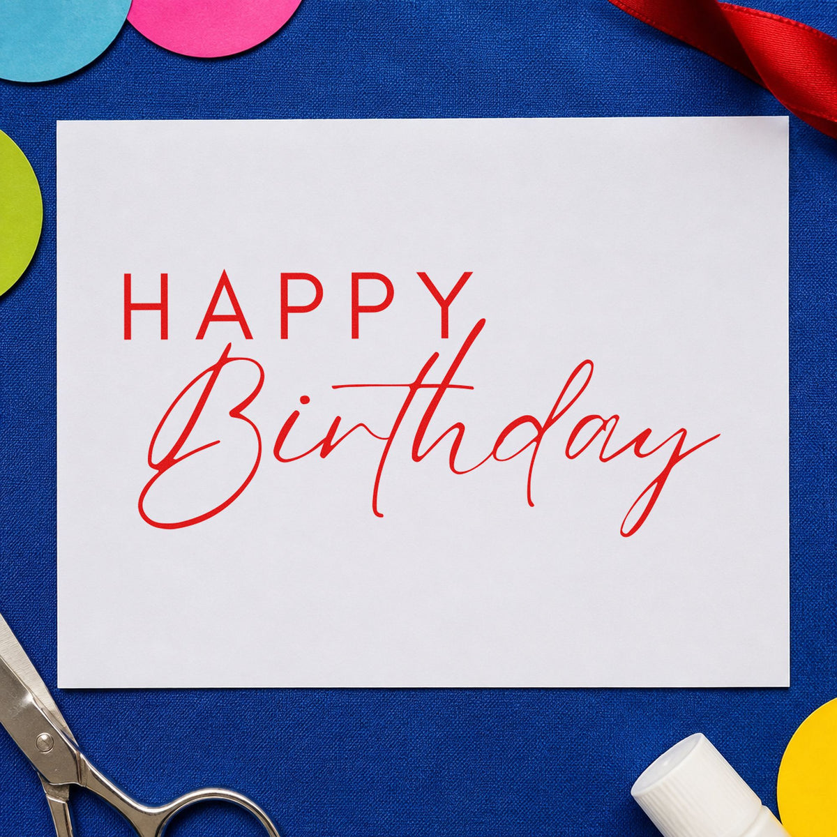 Happy Birthday Thin Lettering rubber stamp shown in red ink, stamped for projects such as bin decor labels.