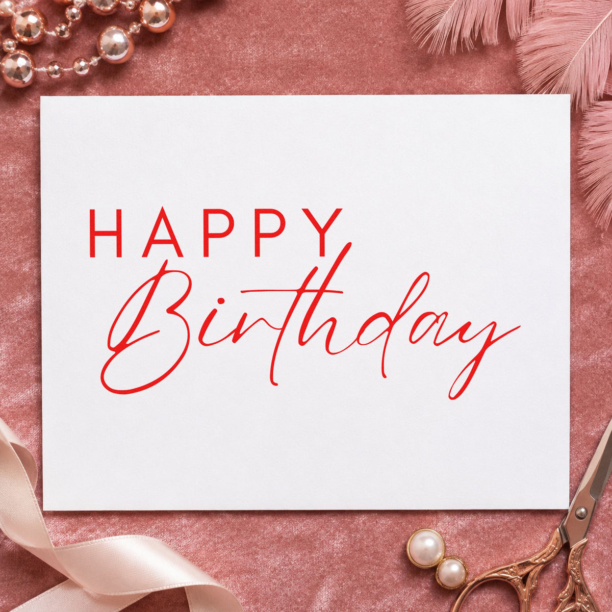 Happy Birthday Thin Lettering craft stamp imprint in red ink on a handmade project, one idea being friend sign cards.